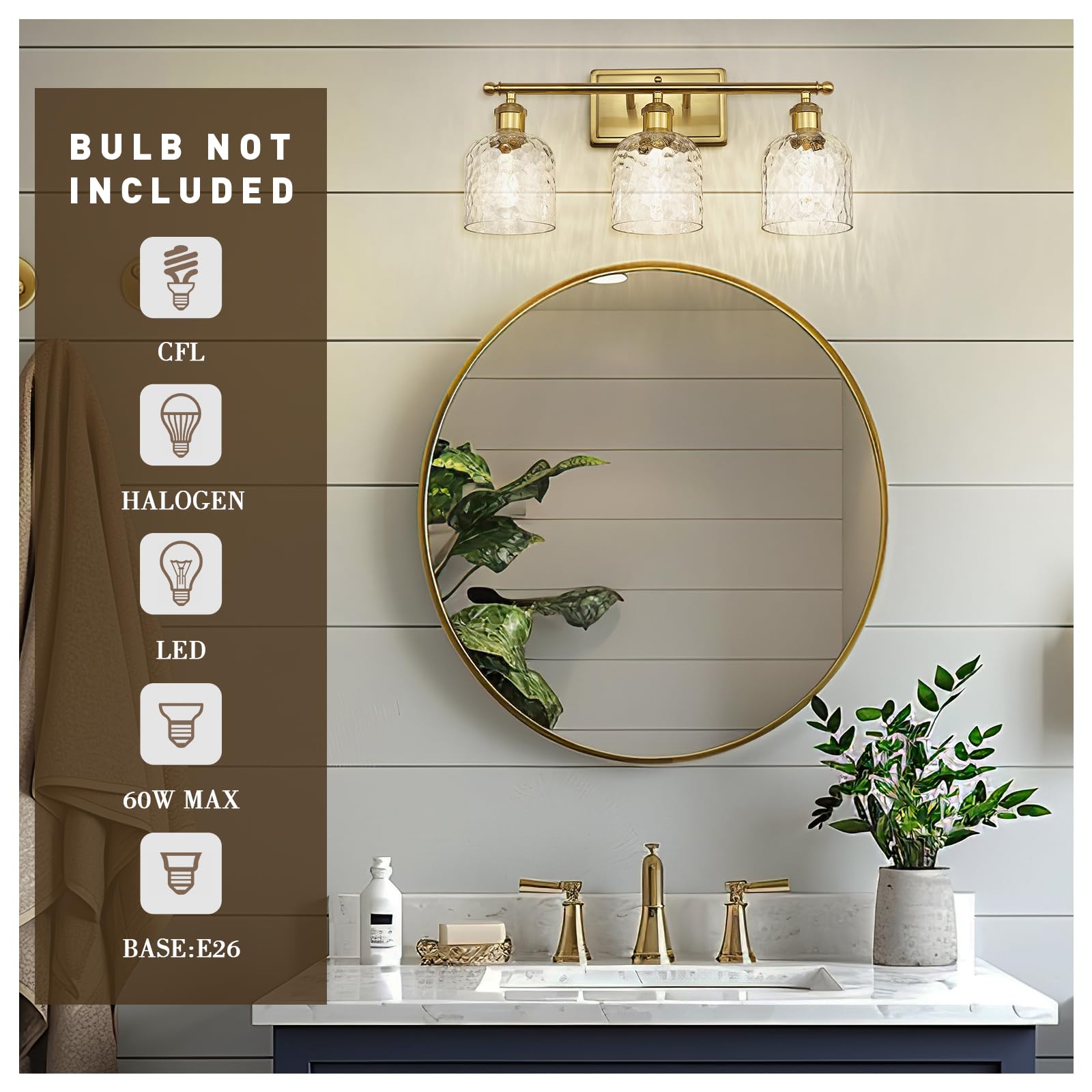 Zeyu 21 Inch Bathroom Wall Sconce, 3 Light Sconces Wall Lighting Over Mirror, Brushed Gold Finish With Clear Hammered Glass, Zjf