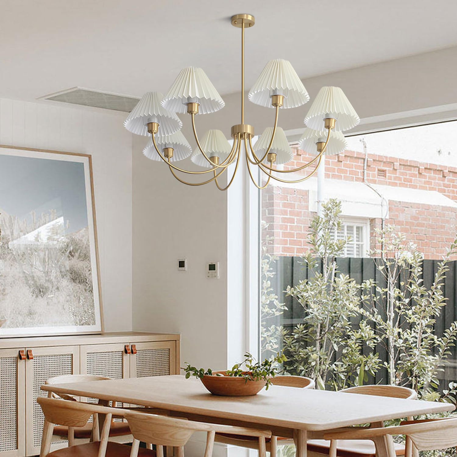 Kco Lighting Brushed Brass Sputnik Chandelier Gold Metal Chandelier With White Pleated Fabric Shades 8-Lights Ceiling Chandelier