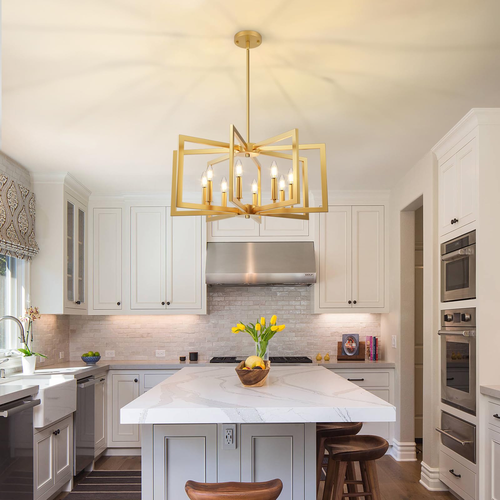 Bairth 8-Light Gold Chandelier, Farmhouse Dining Room Light Fixture, Modern Chandelier, Geometric Industrial Metal Hang Lighting