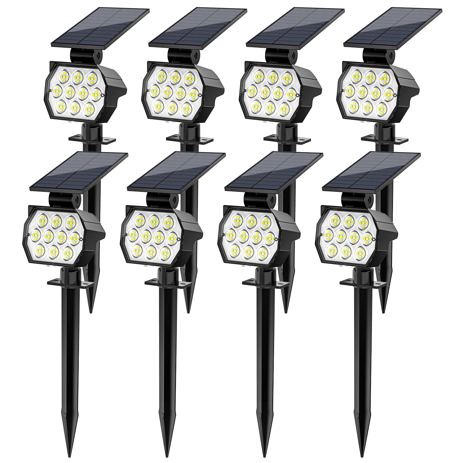 Flaow 8 Pack Solar Spot Lights, Ip67 Waterproof, 50 Led Adjustable, 3 Modes, Cool White