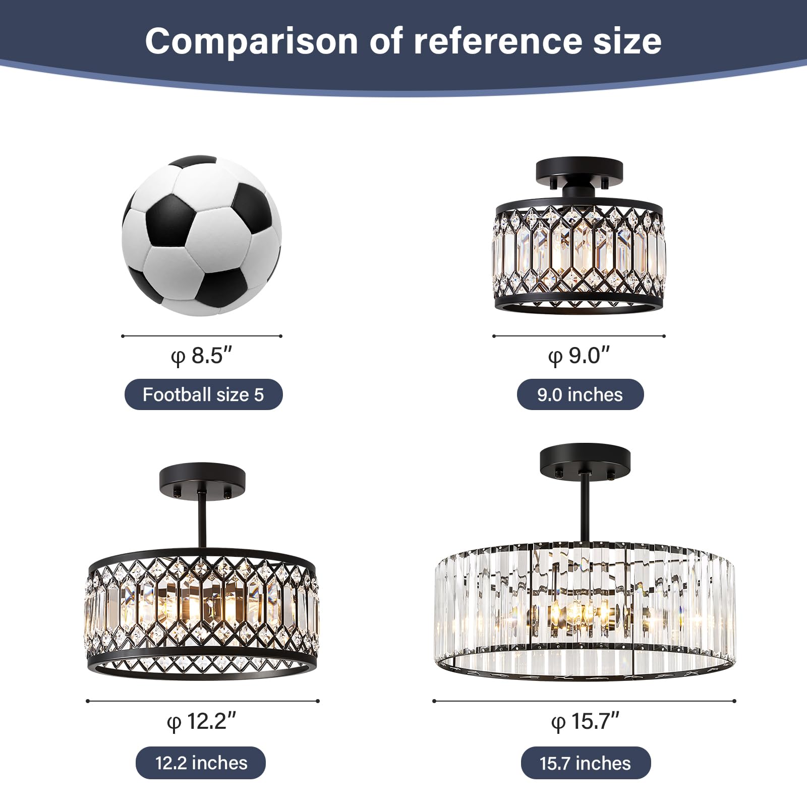 Pevfah Crystal Black Ceiling Light, Modern Semi Flush Mount Ceiling Lighting Fixture, Round Hallway Lighting Fixtures Chandelier