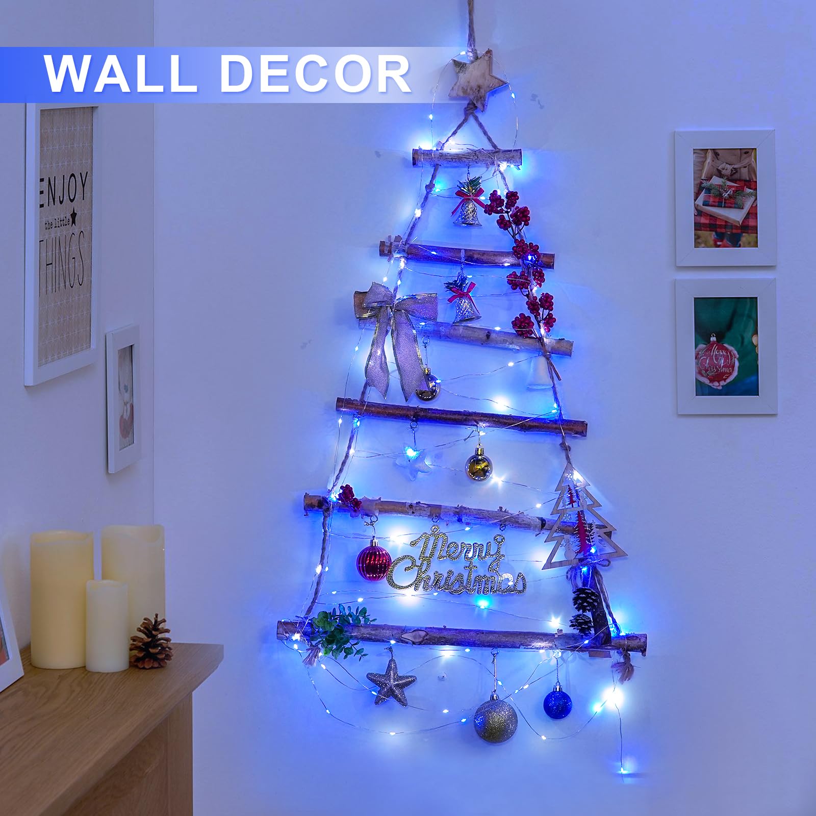 Jmexsuss 2 Pack 100 Led Blue And White Fairy Lights Battery Operated, 33Ft Blue And White Christmas Lights With Remote, 8 Modes Battery Powered Twinkle String Lights For Bedroom Christmas Tree Decor