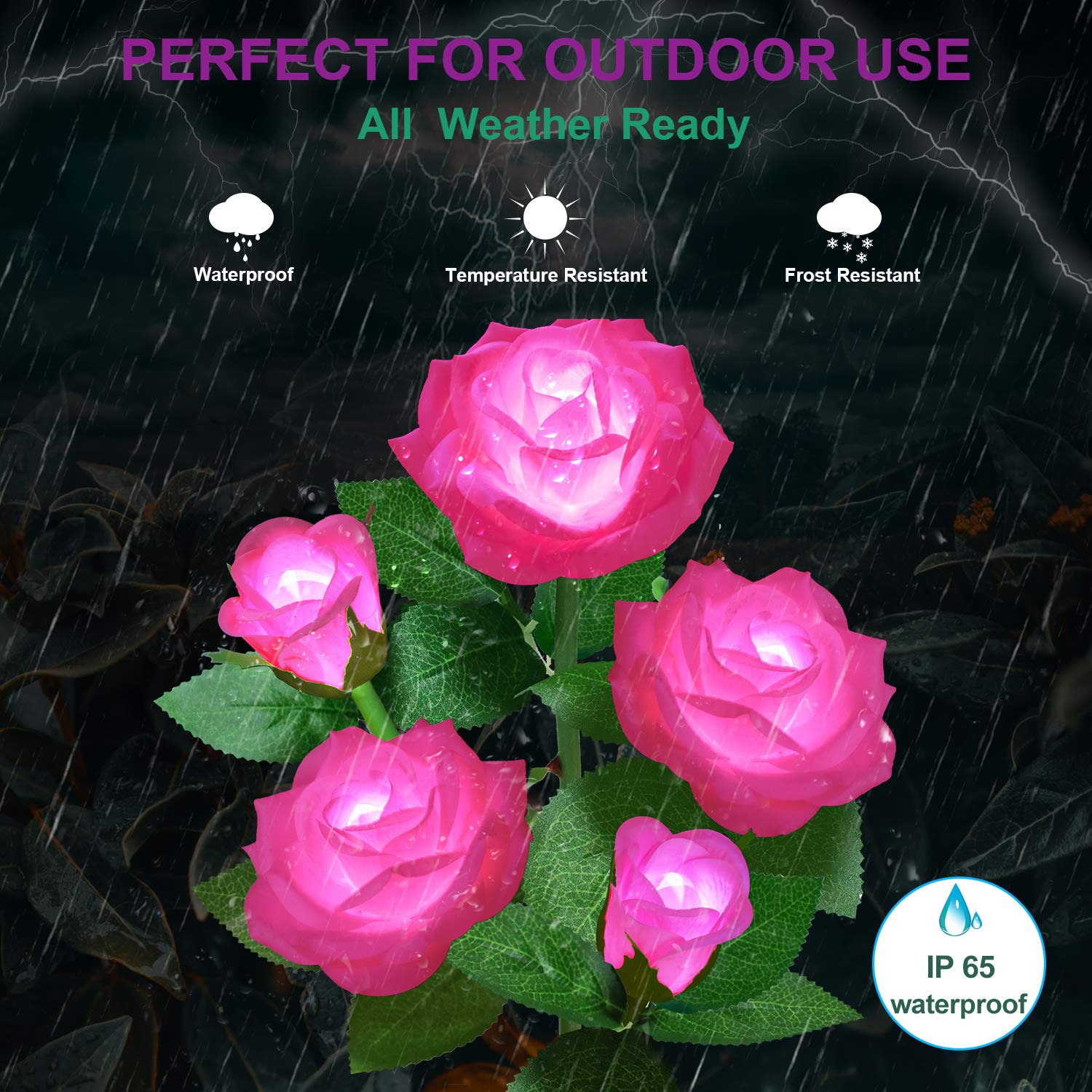 YWYWLED Solar Flower Lights - LED Waterproof Stake Lights with 5 Roses, Pink, 1 Pack, Model 2023-5-12