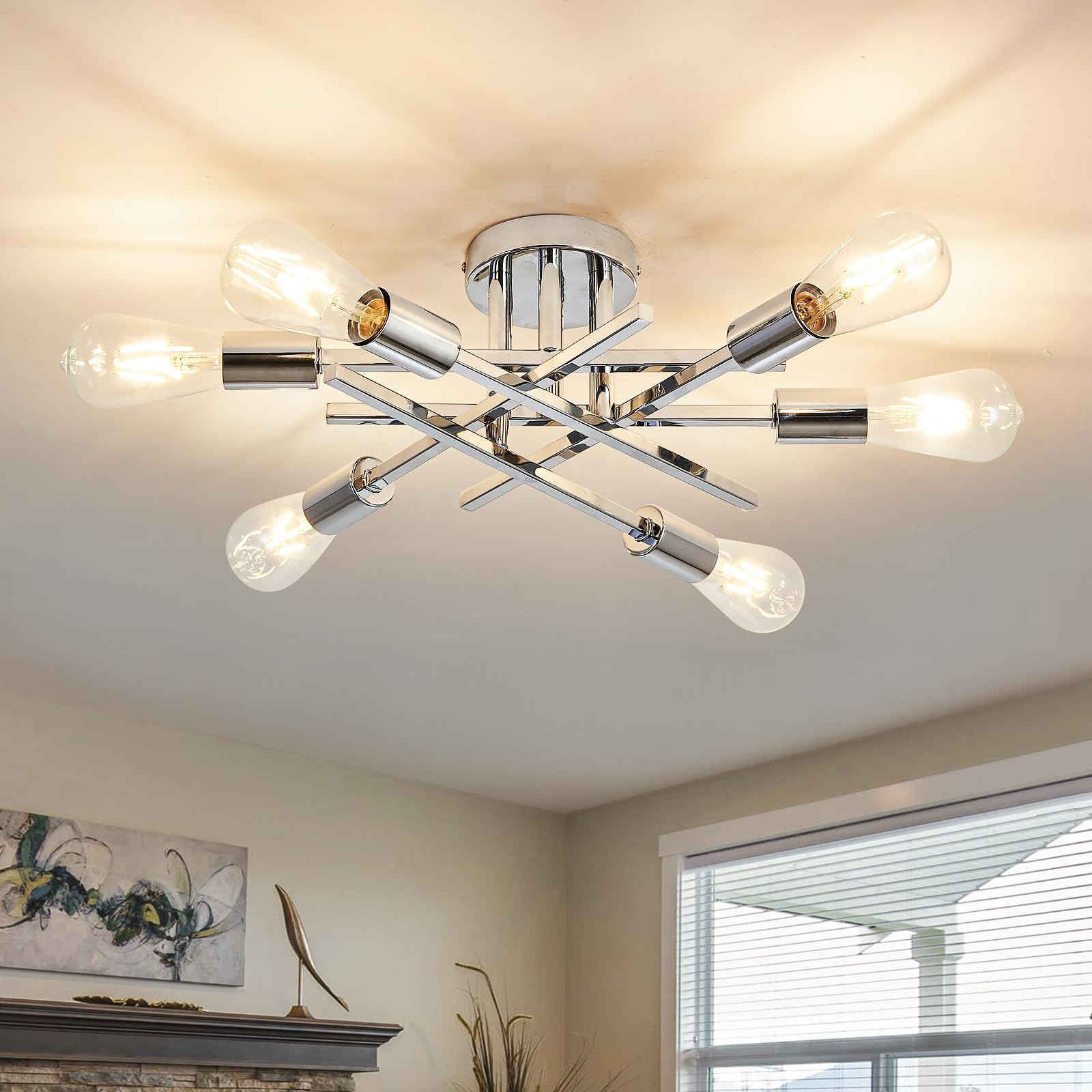 ASGYISA 6-Lights Semi Flush Mount Ceiling Light Fixture Modern Chrome Matte Sputnik Chandelier Farmhouse Ceiling Lighting for Ki
