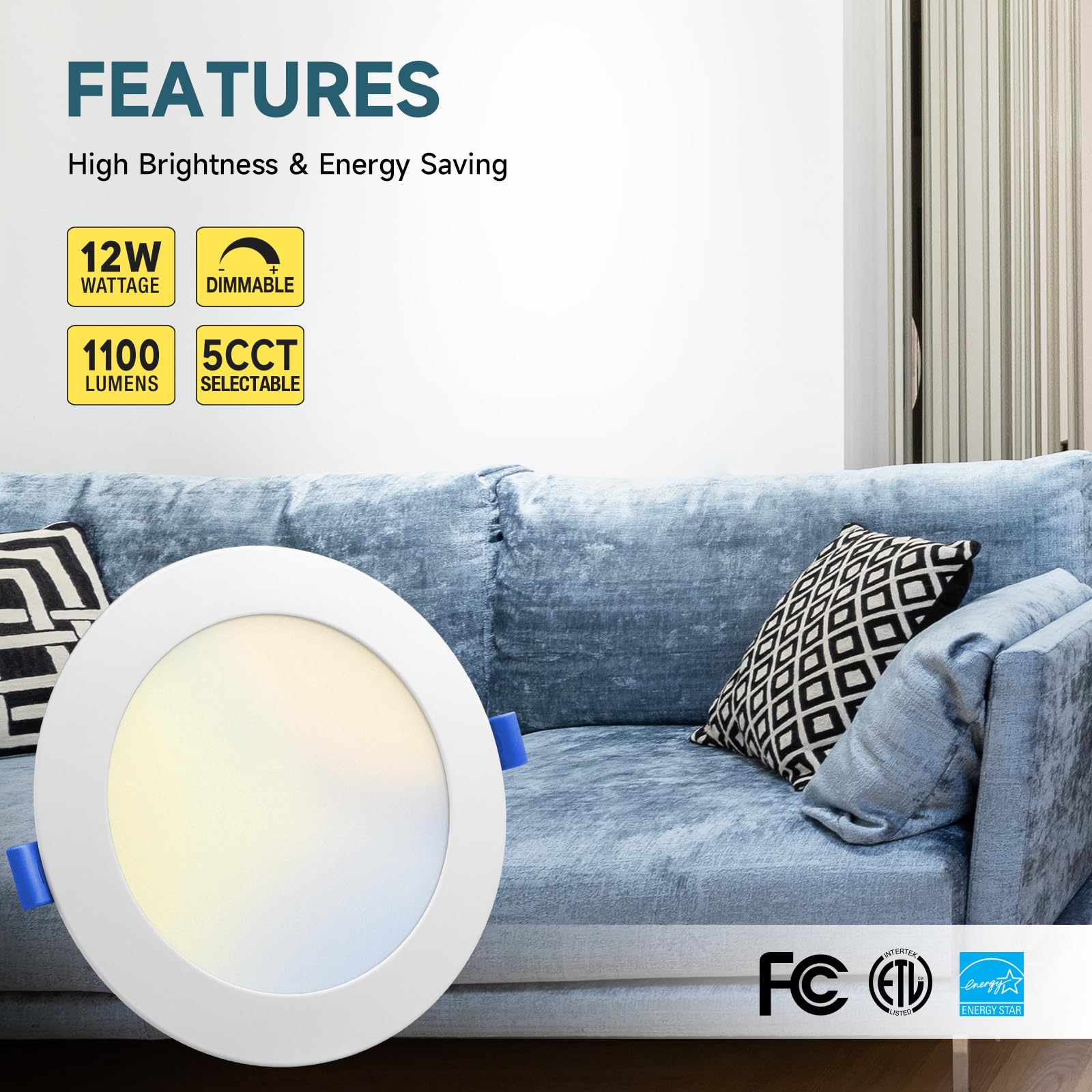 Ecoeler 6 Inch 5Cct Ultra-Thin Led Recessed Ceiling Light With Junction Box, 2700K/3000K/4000K/5000K/6000K Selectable, 12W 1100L