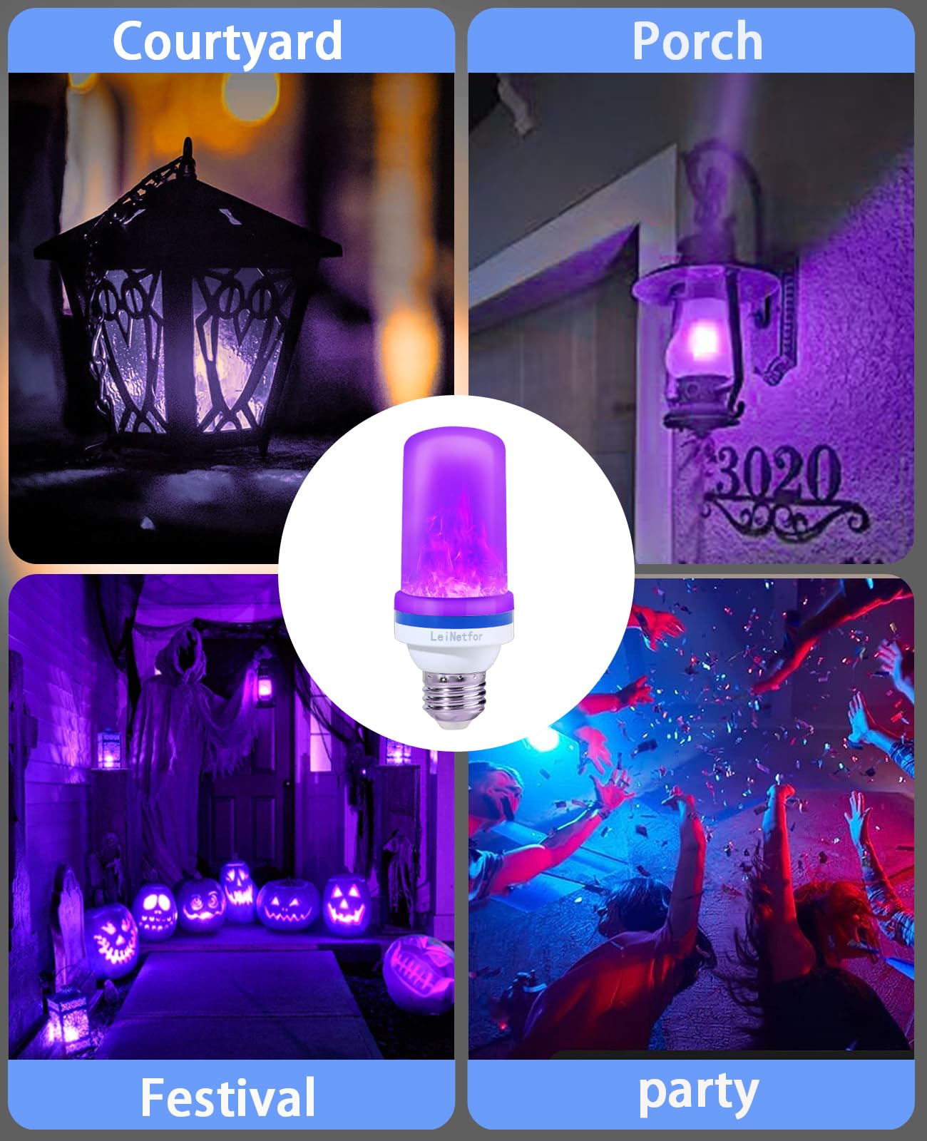 Leinetfor Upgraded Led Purple Flame Light Bulbs - Halloween Decorations Outdoor Light Bulbs,E26/E27 Base Christmas Purple Flickering Light Bulbs Outdoo R, 3W Led Outdoor Led Lights Bulb (4 Pack)