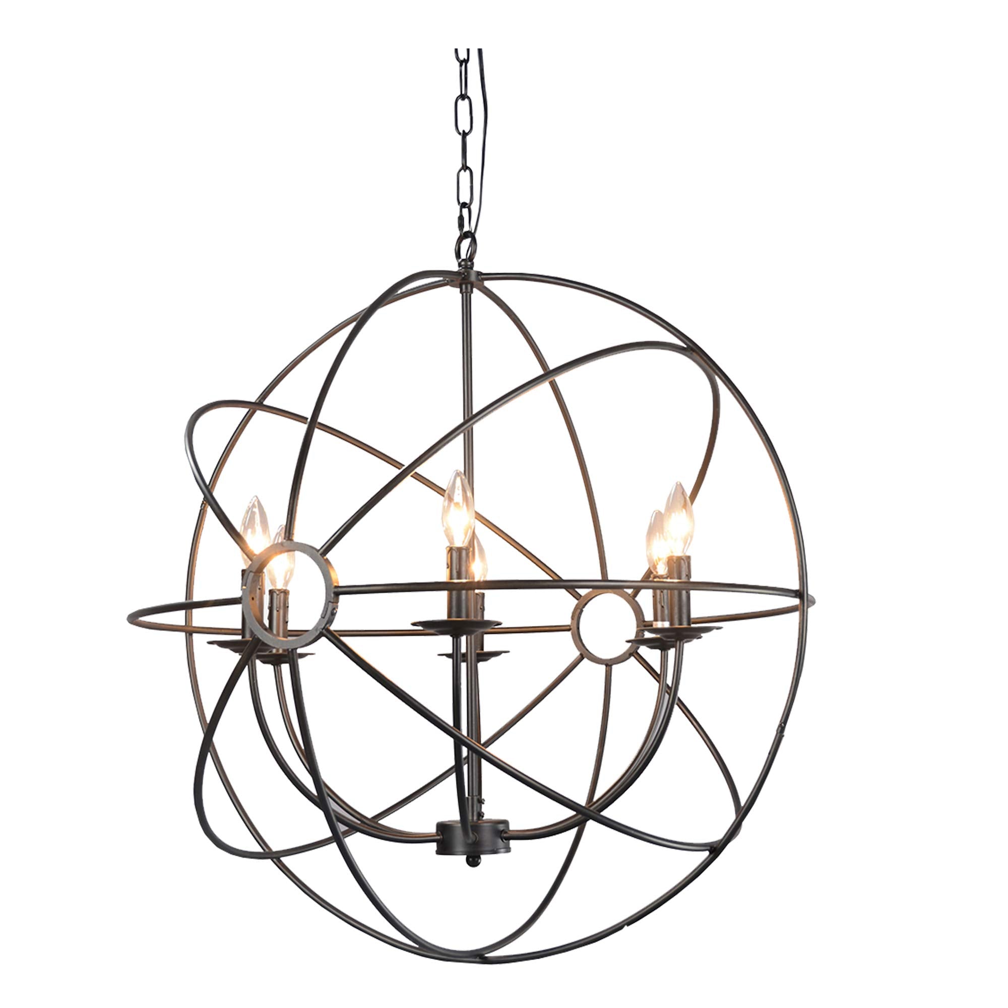 Benjara 6 Light Fixture Orb Shape Metal Frame Chandelier, Black