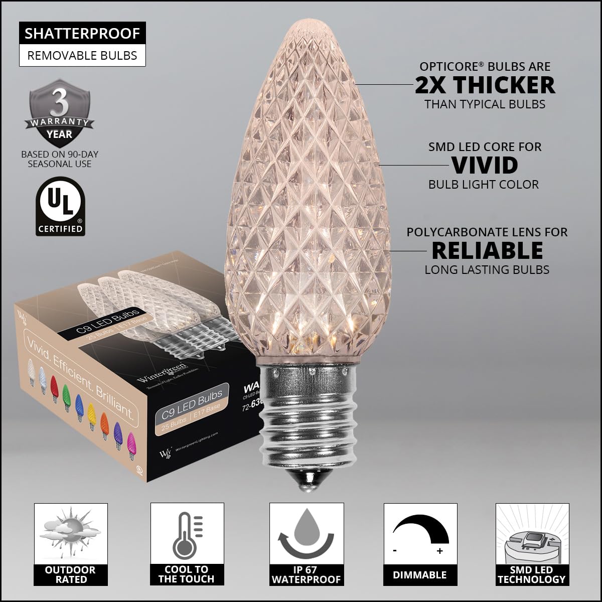 Wintergreen Lighting 25 Pack Opticore Led C9 Warm White Christmas Light Bulbs - White Bulbs C9 Led Christmas Lights Heavy Duty Shatterproof E17 Bulbs/Base (Warm White Faceted)