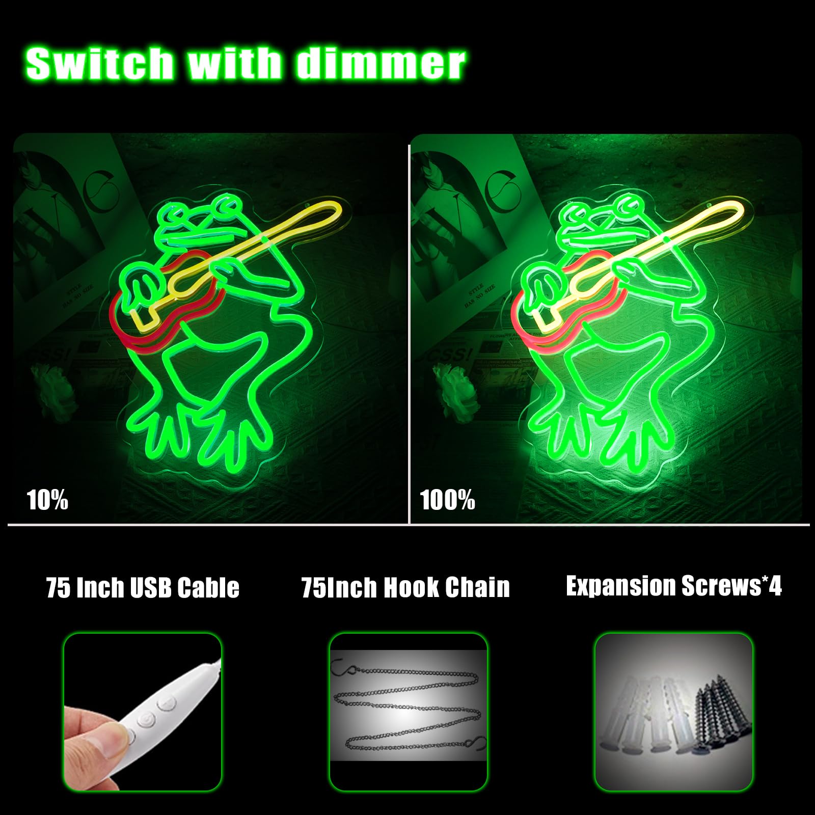 LeDigPig Frog With Guitar Neon Sign Wall Art 16.4in×12.8in Guitar Lamp for Room Decor Guitar Frog-Green