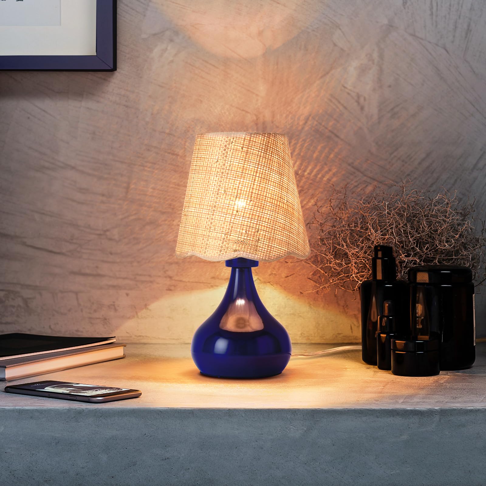 Ziqqeelam Navy Blue Small Bedside Mini Table Lamp For Bedroom, Small Bedroom Lamps For Nightstand, Small Rattan Shade Table Lamp