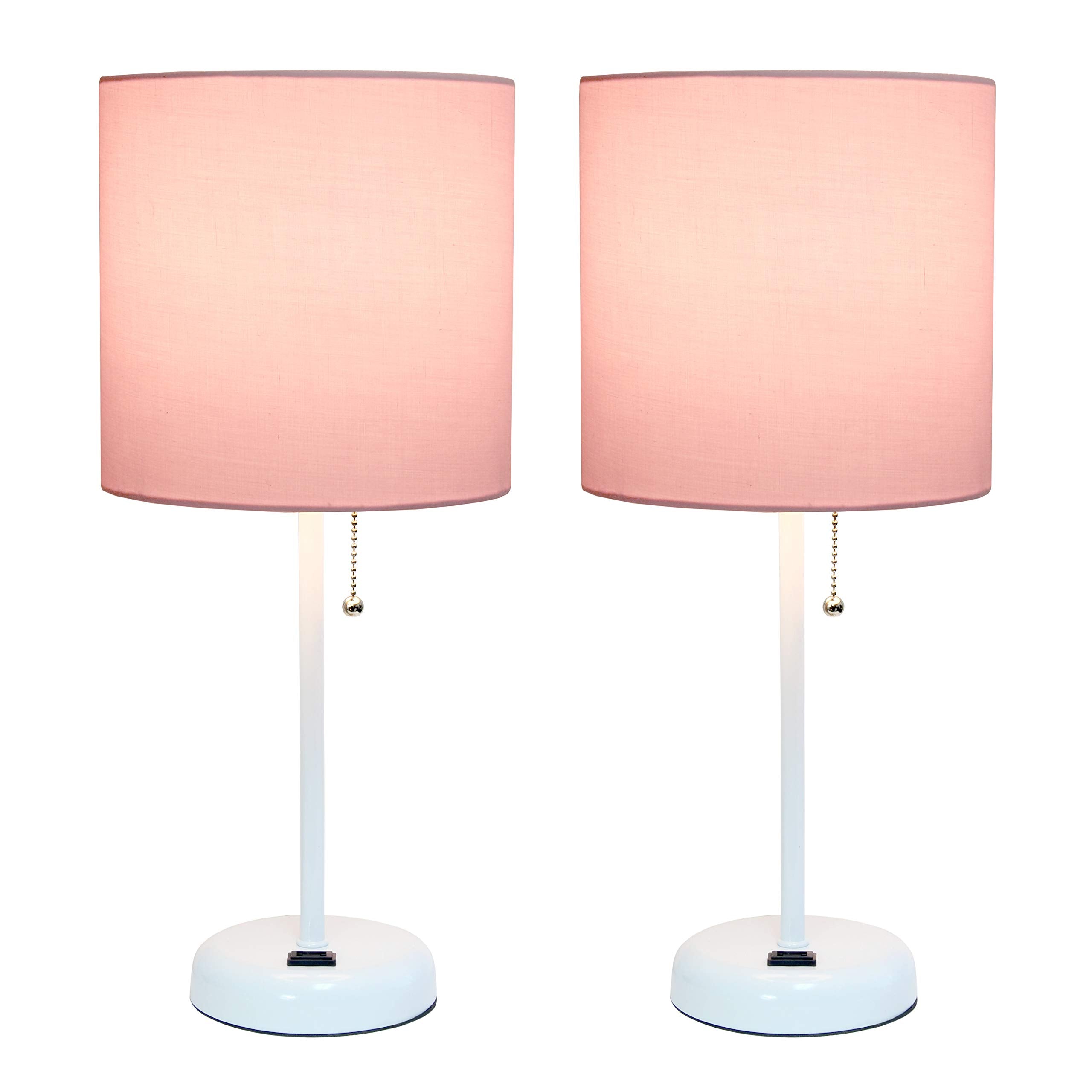 Limelights Lc2001-Pow-2Pk White Stick Table Lamp With Charging Outlet & Fabric Shade44; Pink - Set Of 2