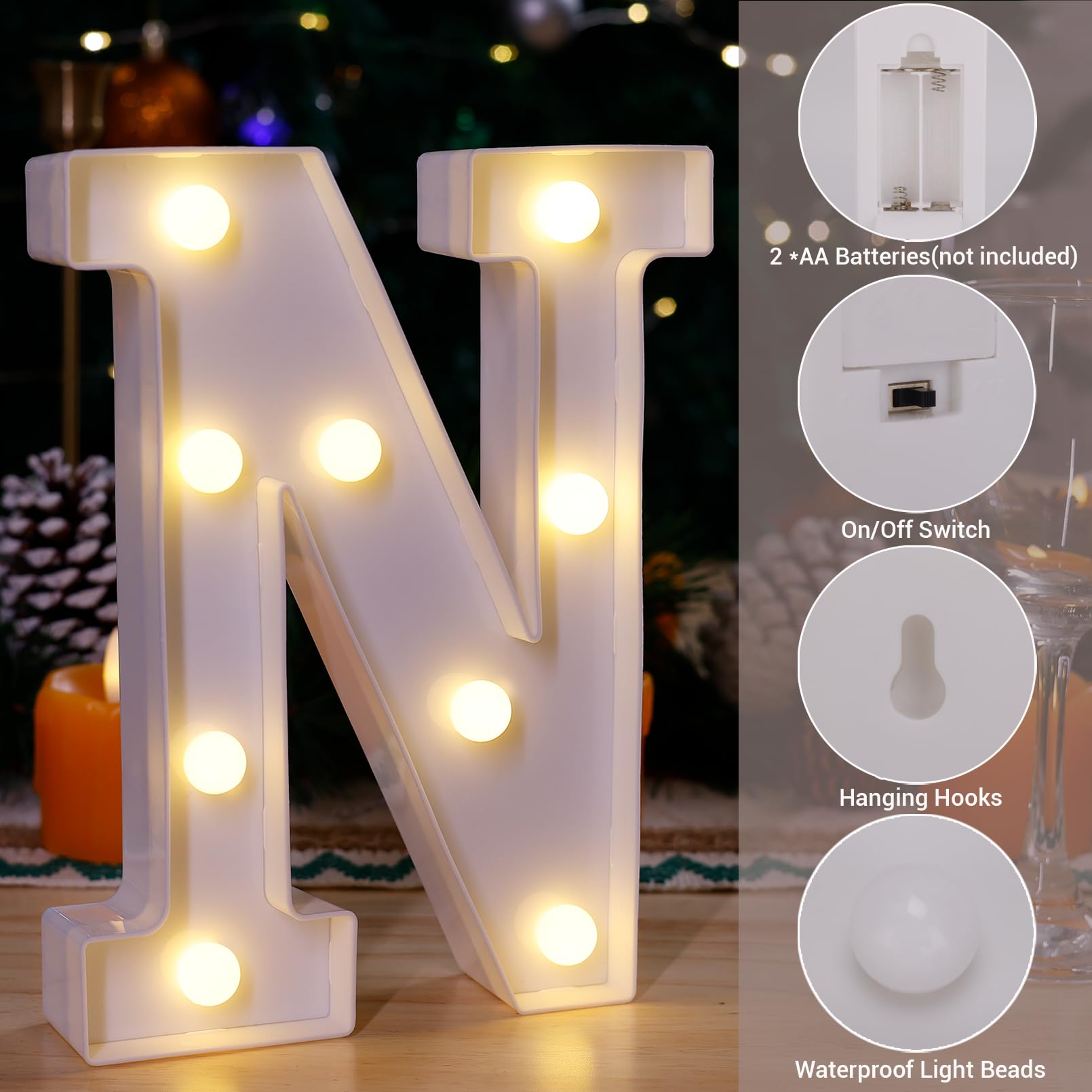Tronsboo Led Marquee Sign Light Up Letters, Alphabet Light Up Letters Sign, Battery Powered Led Letter Lights For Night Light, Wedding, Birthday, Party, Christmas Or Home Decor (Letter N)