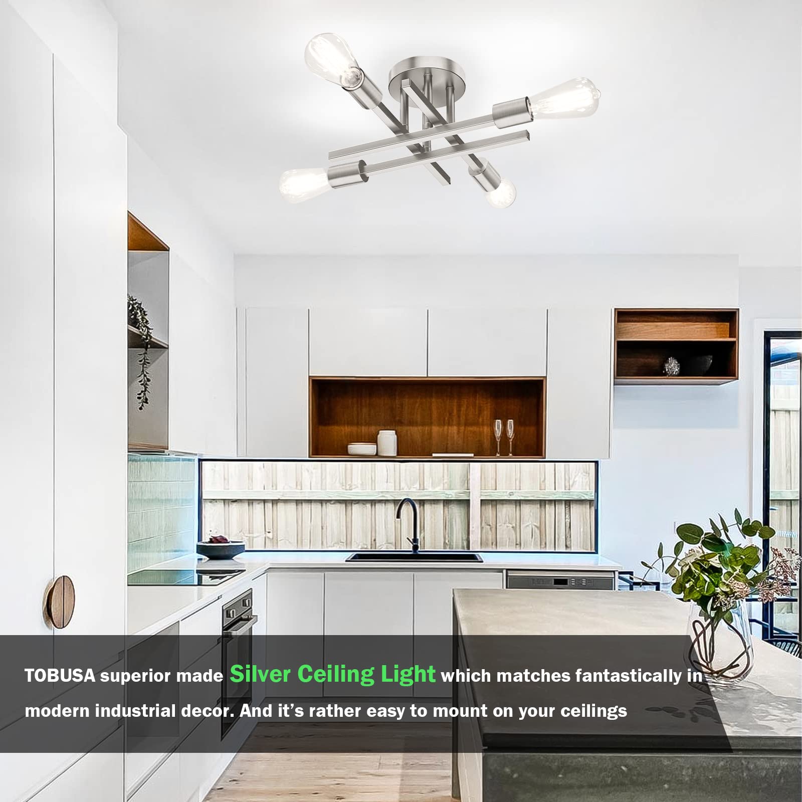 Tobusa 6-Light Silver Semi Flush Mount Ceiling Light Fixture, Modern Industrial Brushed Nickle Sputnik Ceiling Light, E26 Close