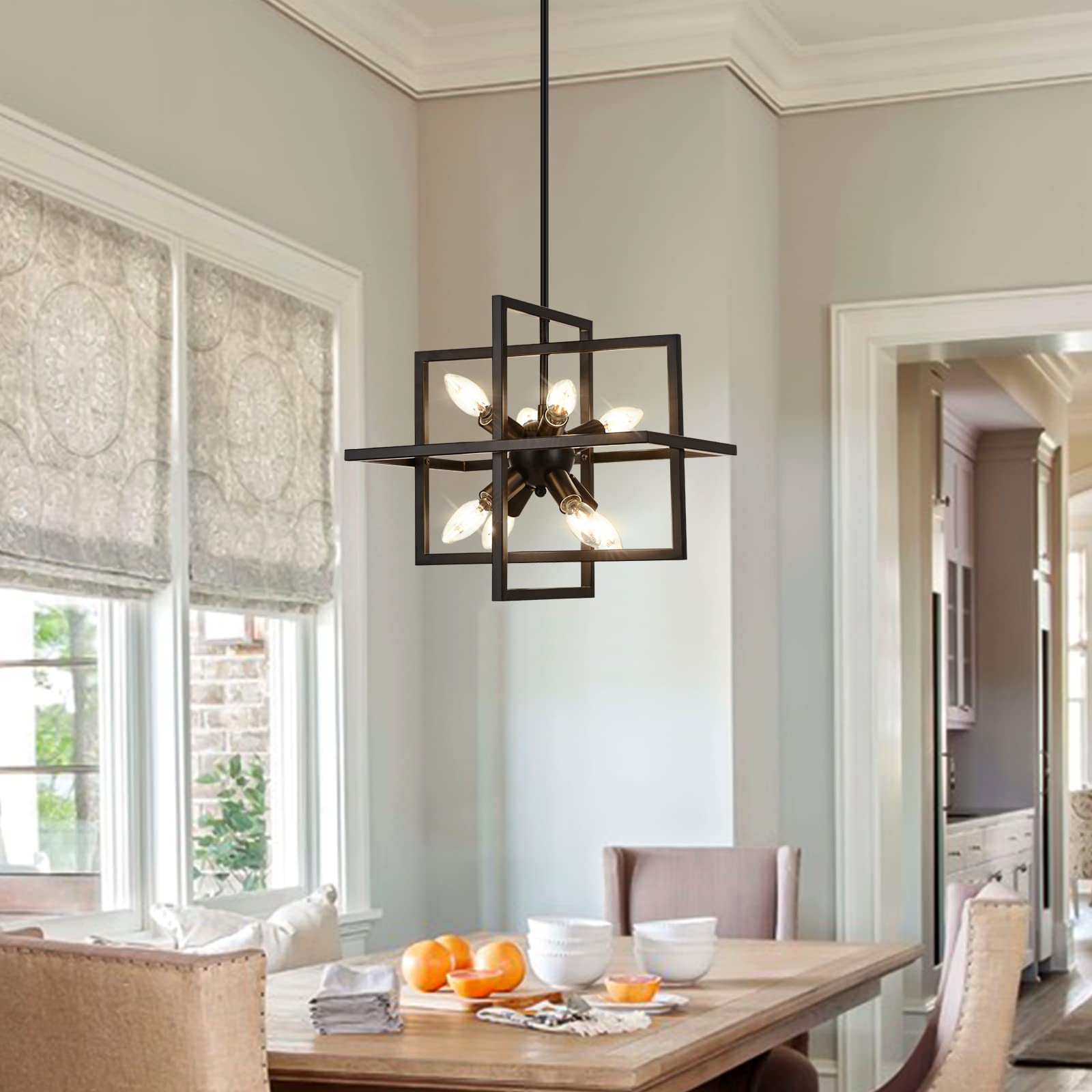 Goomavi Small Modern Lantern Chandeliers, Geometric Black Pendant Lighting, 8-Light Industrial Hanging Chandelier Light Fixture