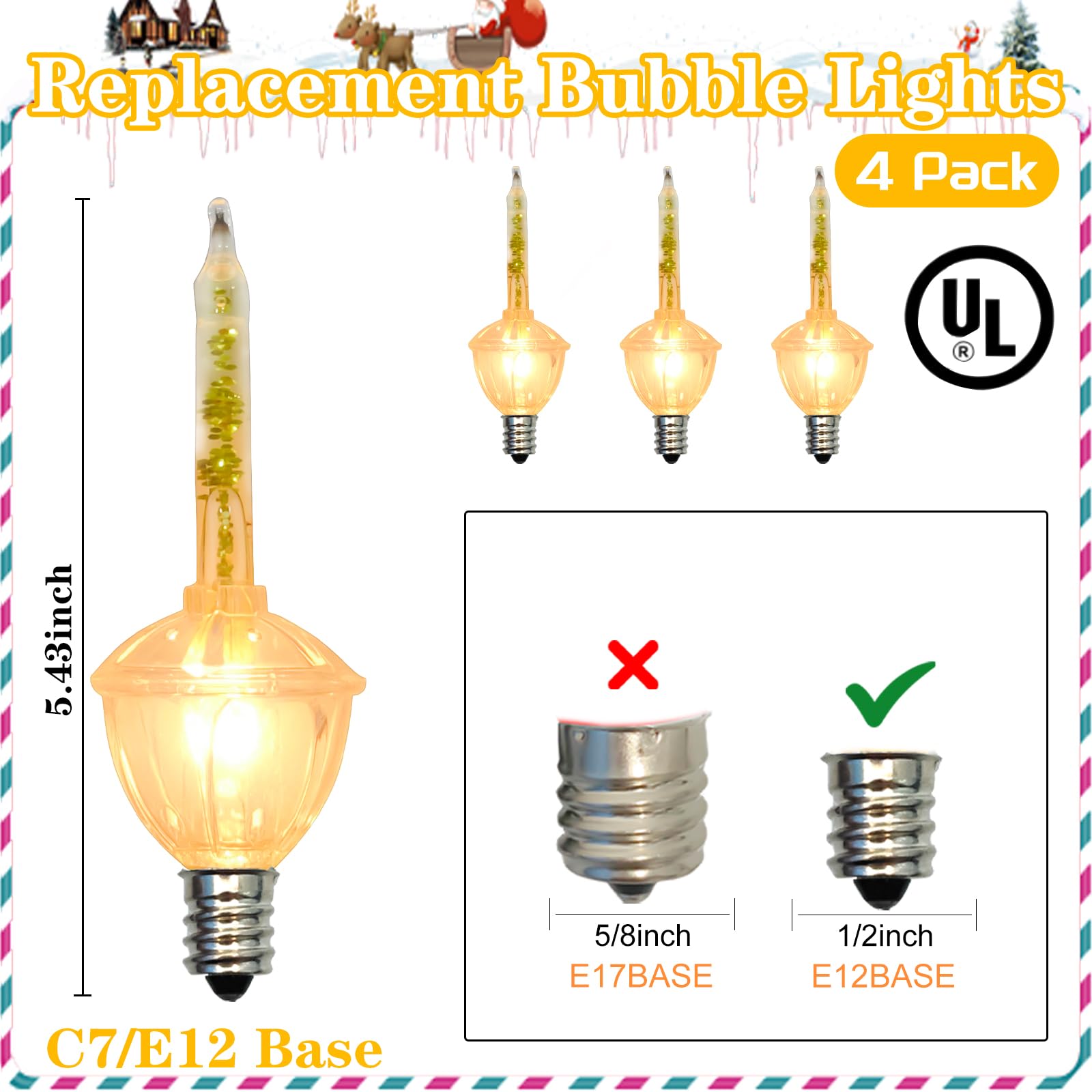 Romasaty Christmas Bubble Lights - 4 Pack Clear Gold Glitter C7/E12 Bulbs for Holiday Tree Decoration