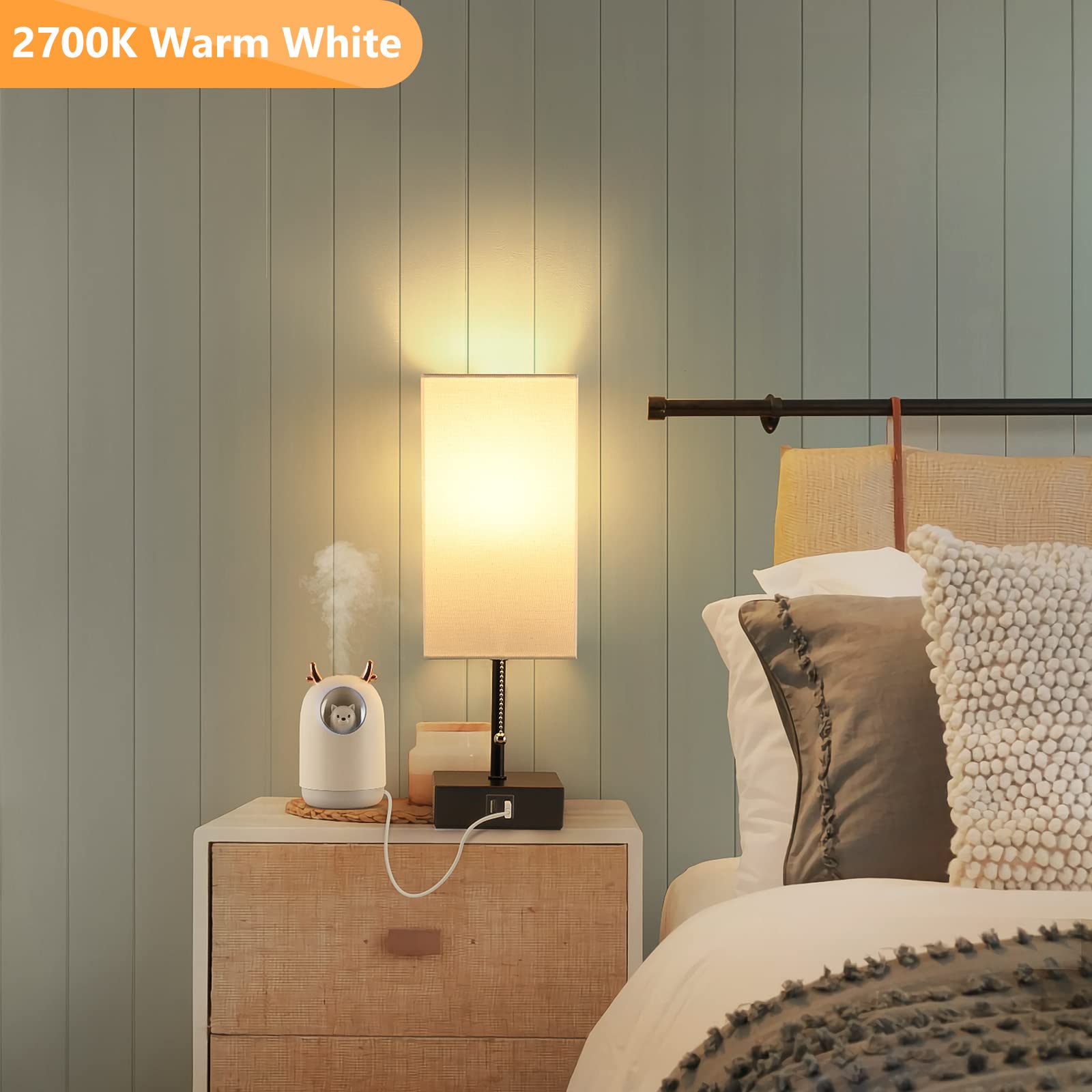 Ggoying Pull Chain Table Lamp, Bedside Lamps With 2 Usb Charging Ports, 2700K Led Bulb, White Linen Lampshade For Living Room, D