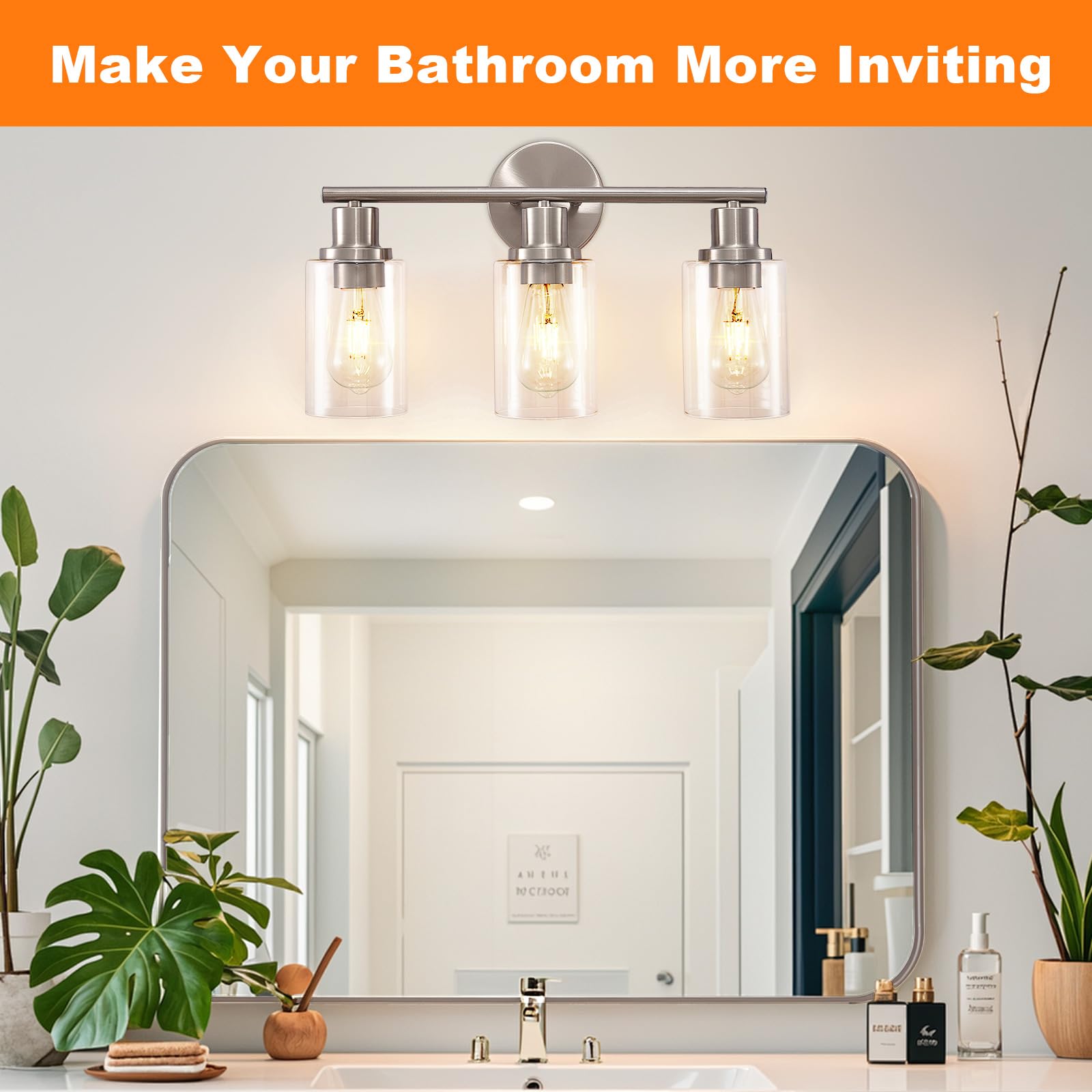 DINGLILIGHTING 3-Light Bathroom Light Fixtures - Brushed Nickel Metal - Clear Glass Shade - 2 Packs