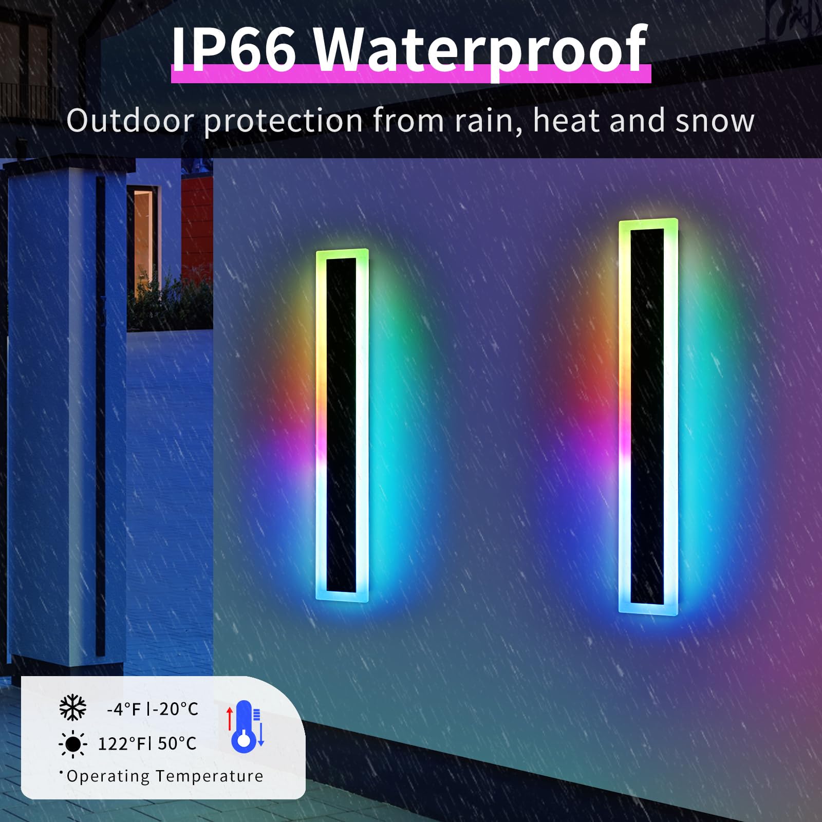 Widened 2 Pack Rgb Outdoor Wall Lights, 23.6Inch Long Dimmable Modern Led Wall Sconces, 10 Colors, 5 Modes, Ip65 Waterproof Blac