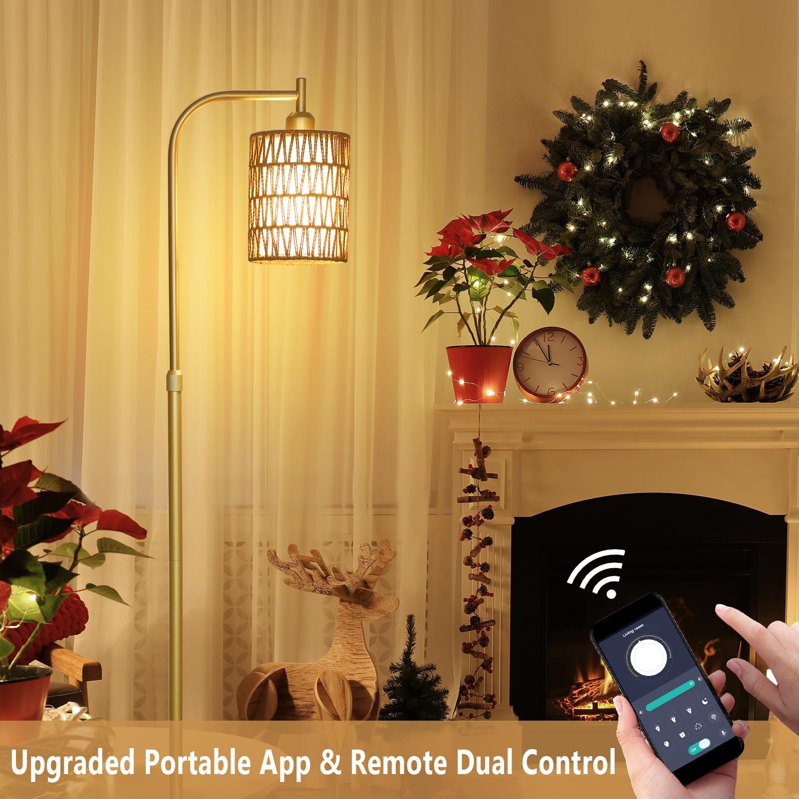 Lamsu Modern Gold Floor Lamps For Living Room, Boho Rattan Floor Lamp With Remote & Dimmable Led Bulb, Farmhouse Standing Lamp W