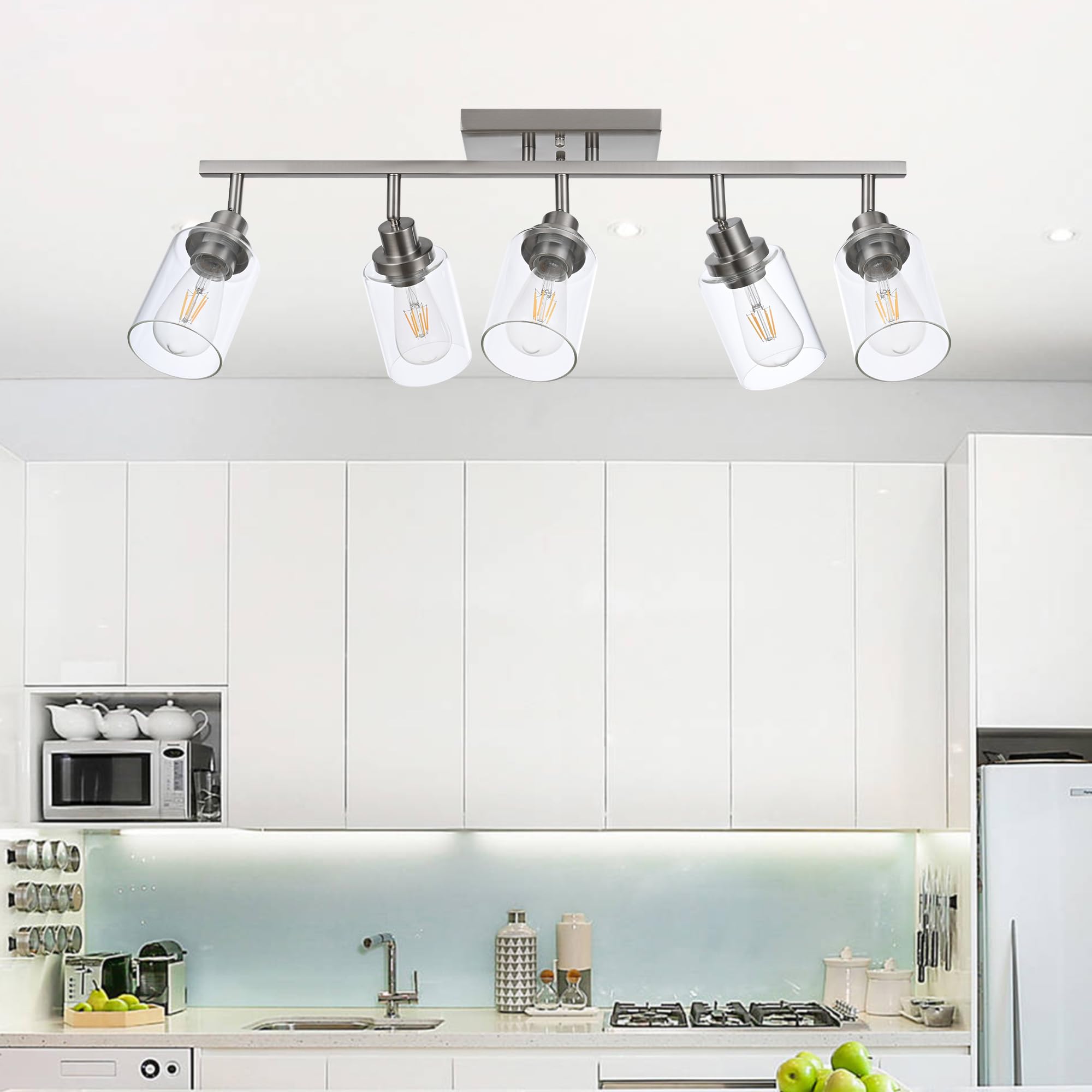 Wanluce 5 Light Track Lighting Kit Brushed Nickel Kitchen Track Lighting Fixtures Ceiling Mount Bathroom Vanity Wall Scones Light Fixture With Clear Glass  Rotatable Spotlight For Kitchen Shop Hallway