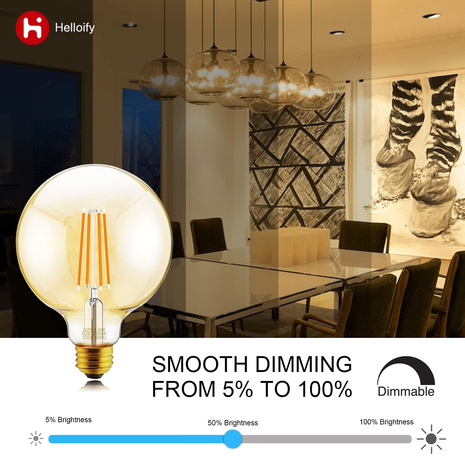 Helloify G25 Vintage LED Edison Bulb, Dimmable, Warm White 2500K, Amber, E26 Screw Base, 60W Equivalent, 4 Count