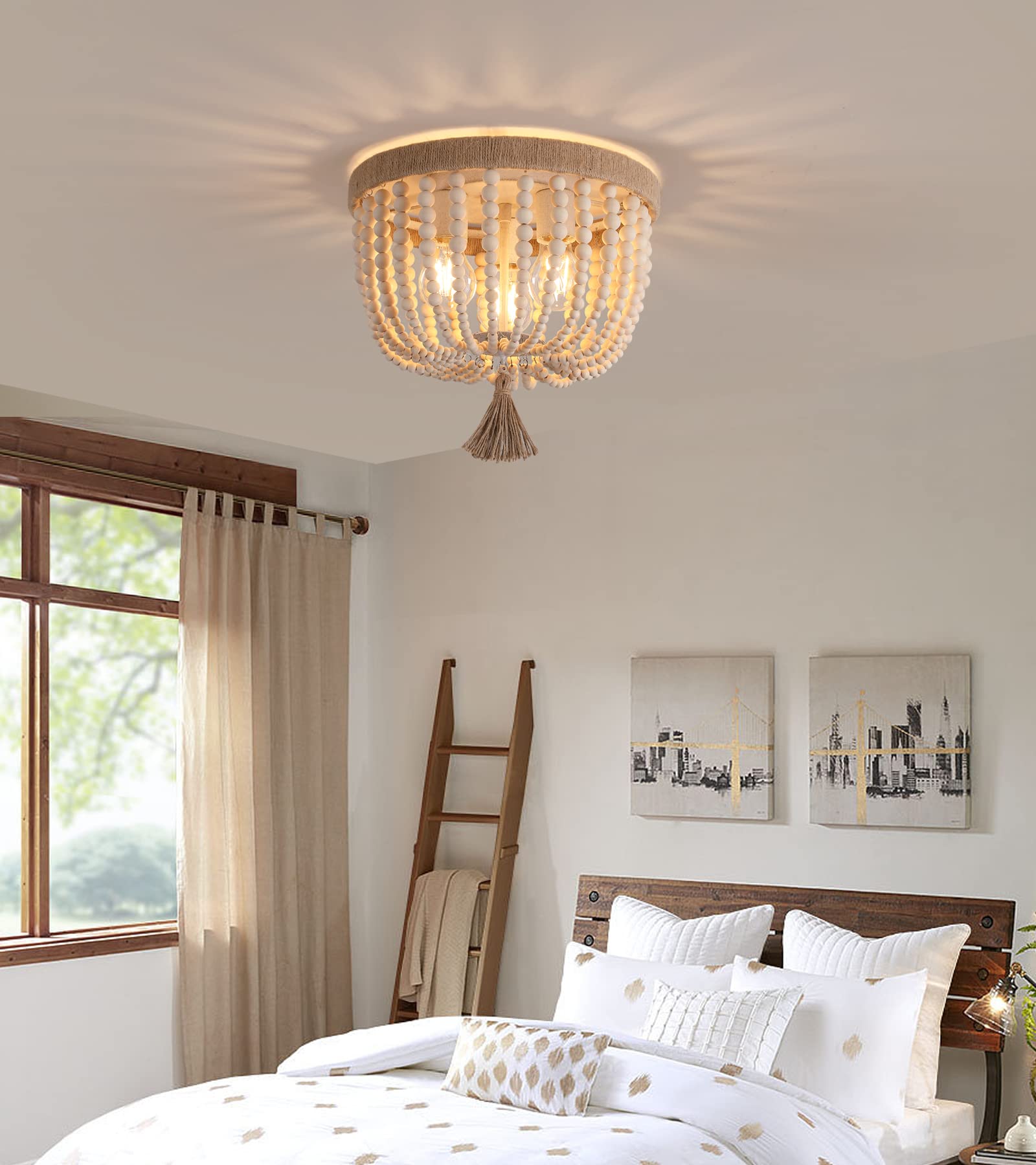 AMZASA Boho Flush Mount Ceiling Light - 3 Lights Hemp Rope Chandelier Fixture for Nursery, Bedroom, Hallway, Entryway - Model AS9017-3B