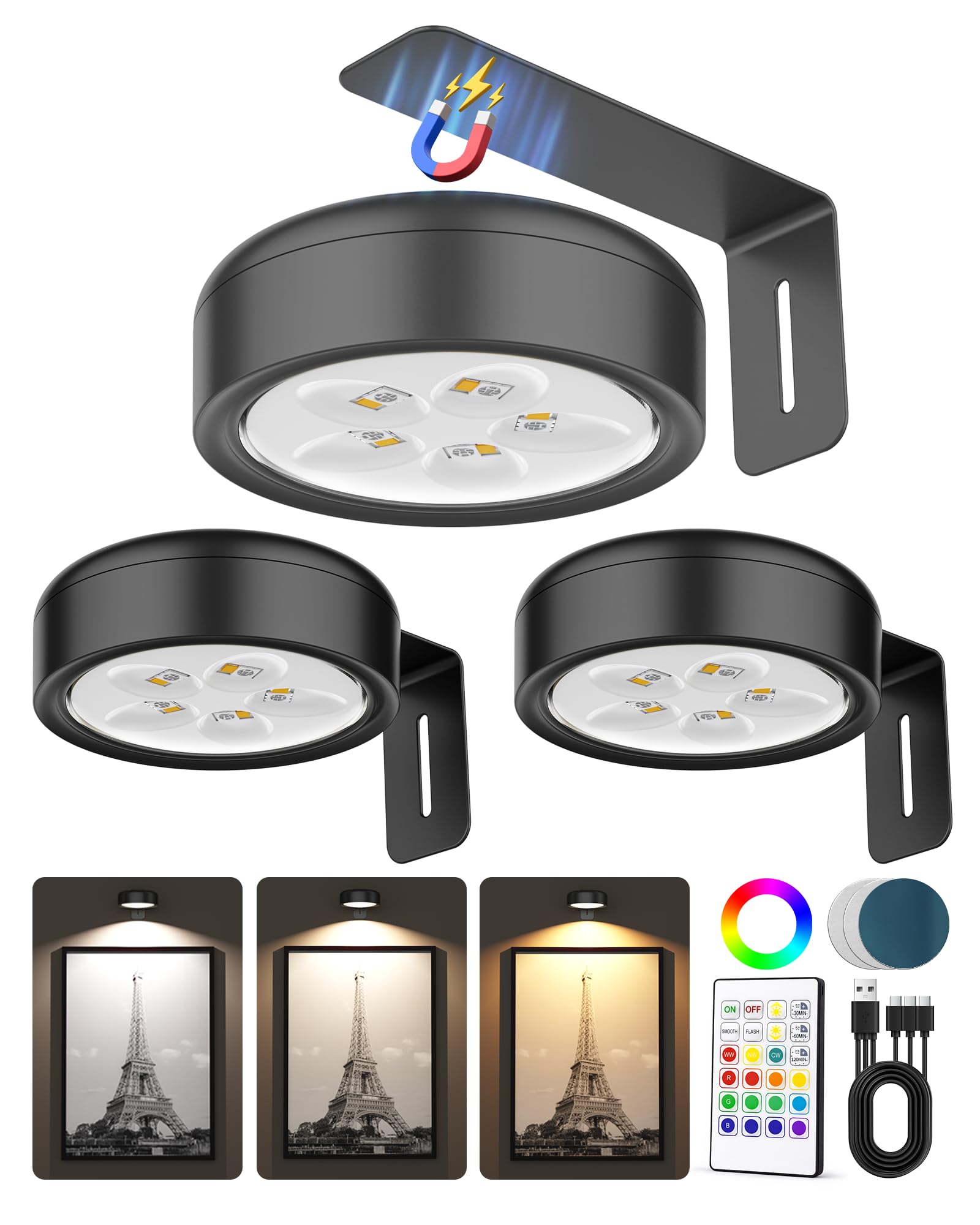 3 Pack Picture Lights for Wall Wireless 2000mAh Rechargeable Magnetic LED Puck Lights with Remote 3 Color Temps and 12 RGB Dimming & Timer Art Frame Light for Discomfortting Display Photos Wall Decor