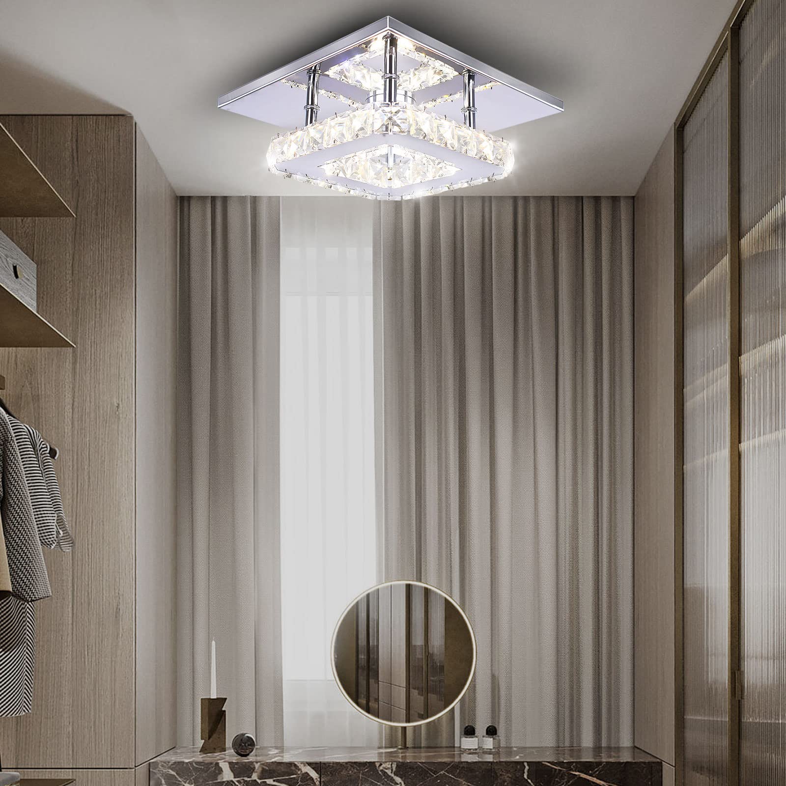 Diisunbihuo Modern Crystal Chandelier 7.9 Inches Led Ceiling Light Mini Square Flush Mount Ceiling Light For Bedrooms Dinning Ro