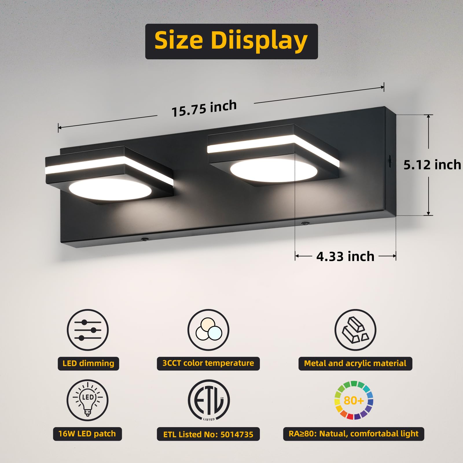 Okeli 2-Light Led Bathroom Vanity Light Fixtures  Matte Black Modern Bathroom Wall Lighting Fixtures Over Mirror (3Cct  3000K-6000K)