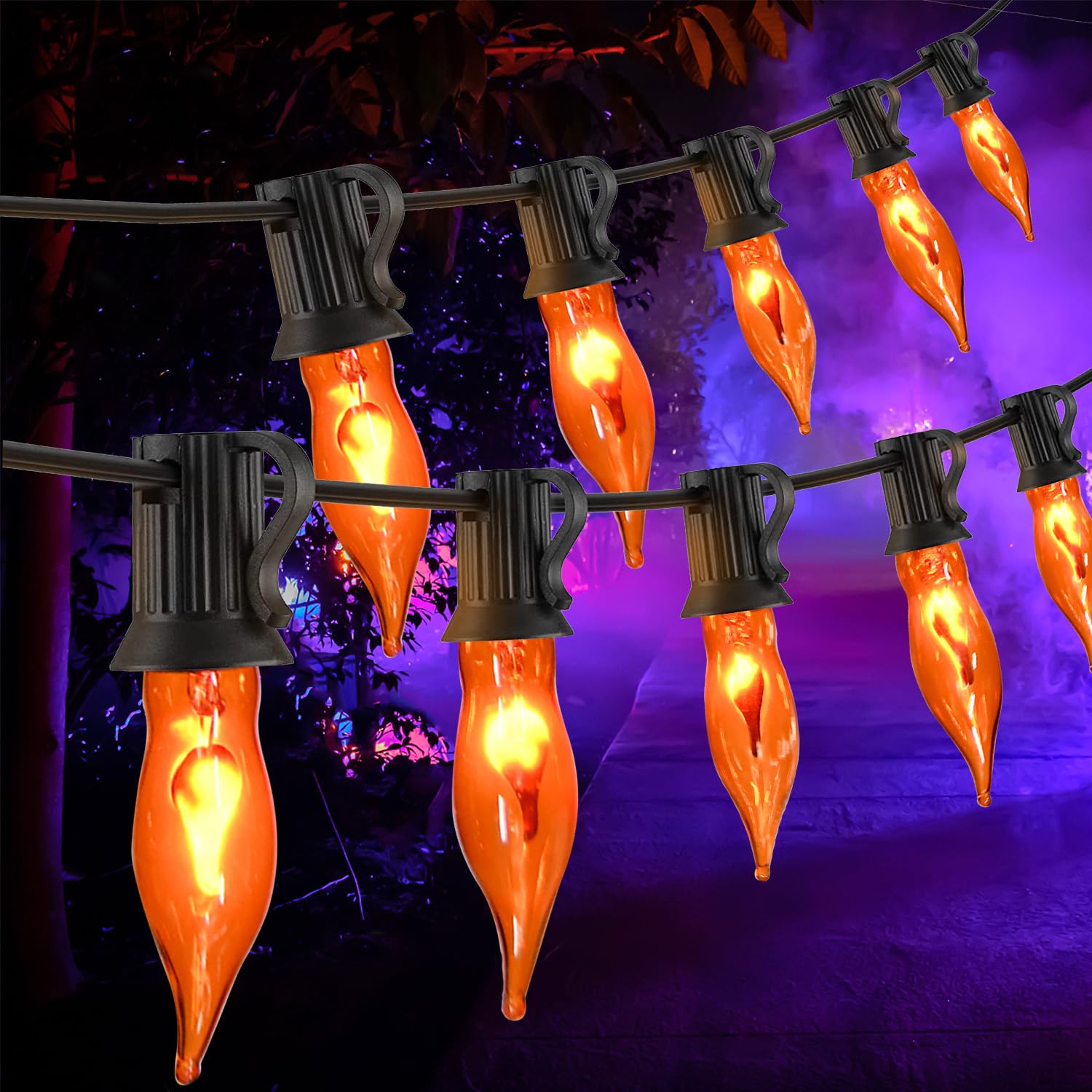 Pasuto Flickering Flame String Lights Orange Halloween Lights With 10 Pack C7 Orange Flame Light Bulbs, 12.8Ft Orange Flame String Lights For Halloween Decorations For Home Party Yard