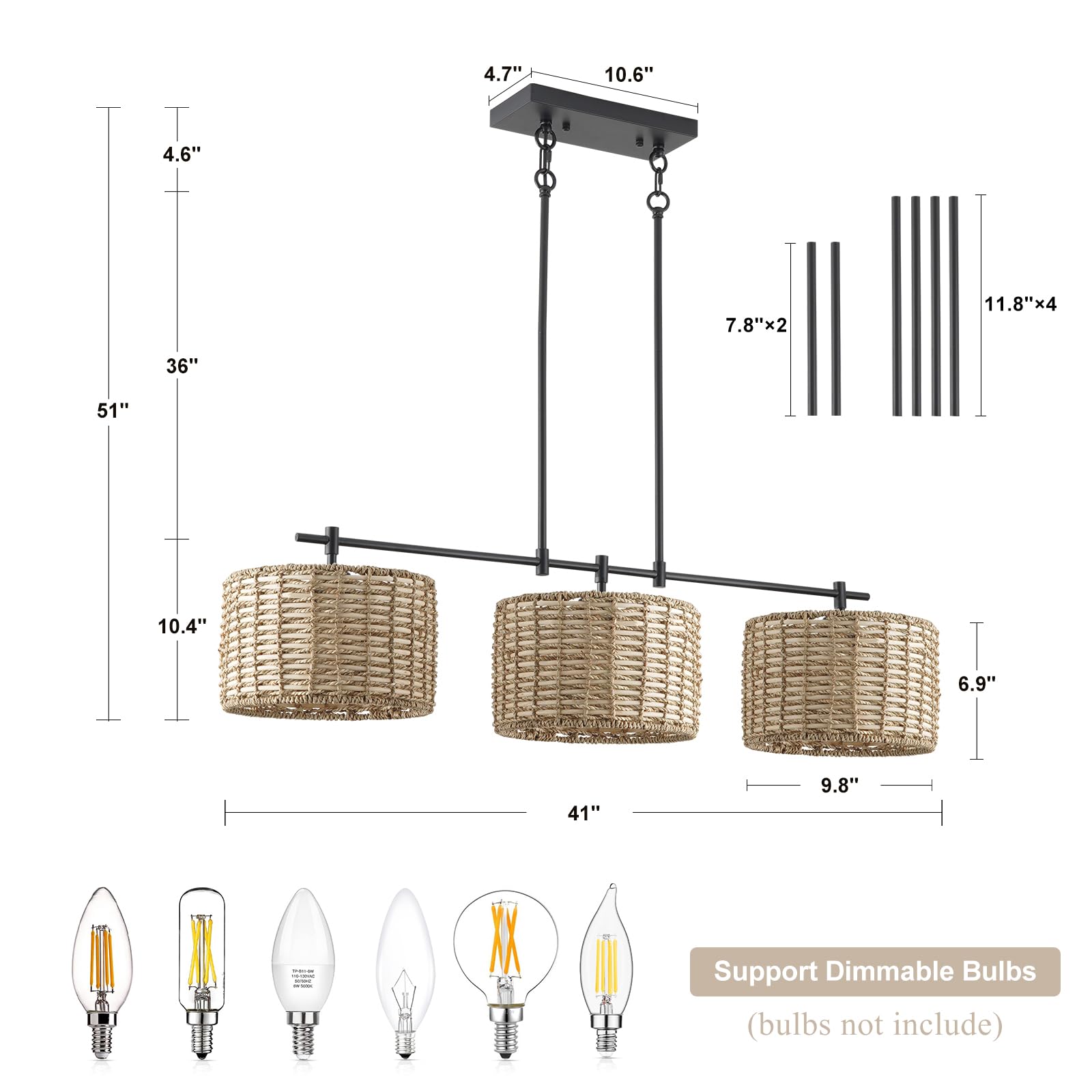Hlmrchen 41'' Chandelier Woven Rattan Light Fixture With 3 Wicker Lampshades, Large Linear Boho Chandeliers Drum Pendant Lights