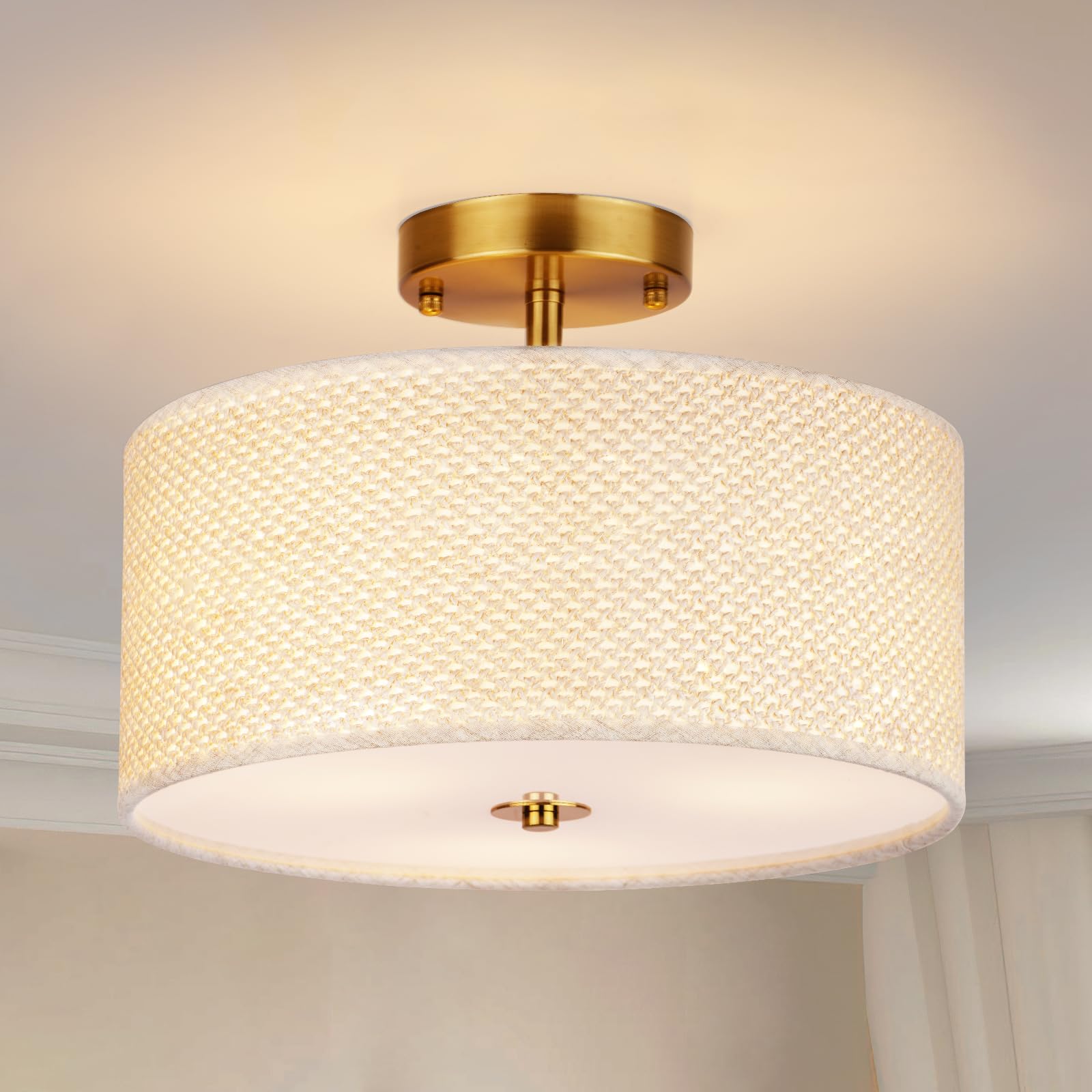 Clarsyne 13 Boho Rattan-Style Semi Flush Mount Ceiling Light Fixture  3-Light Modern Fabric Shade Drum Lamp  White Rustic Lighting For Bedroom  Kitchen  Dining Room  Living Room  Hallway  Entryway