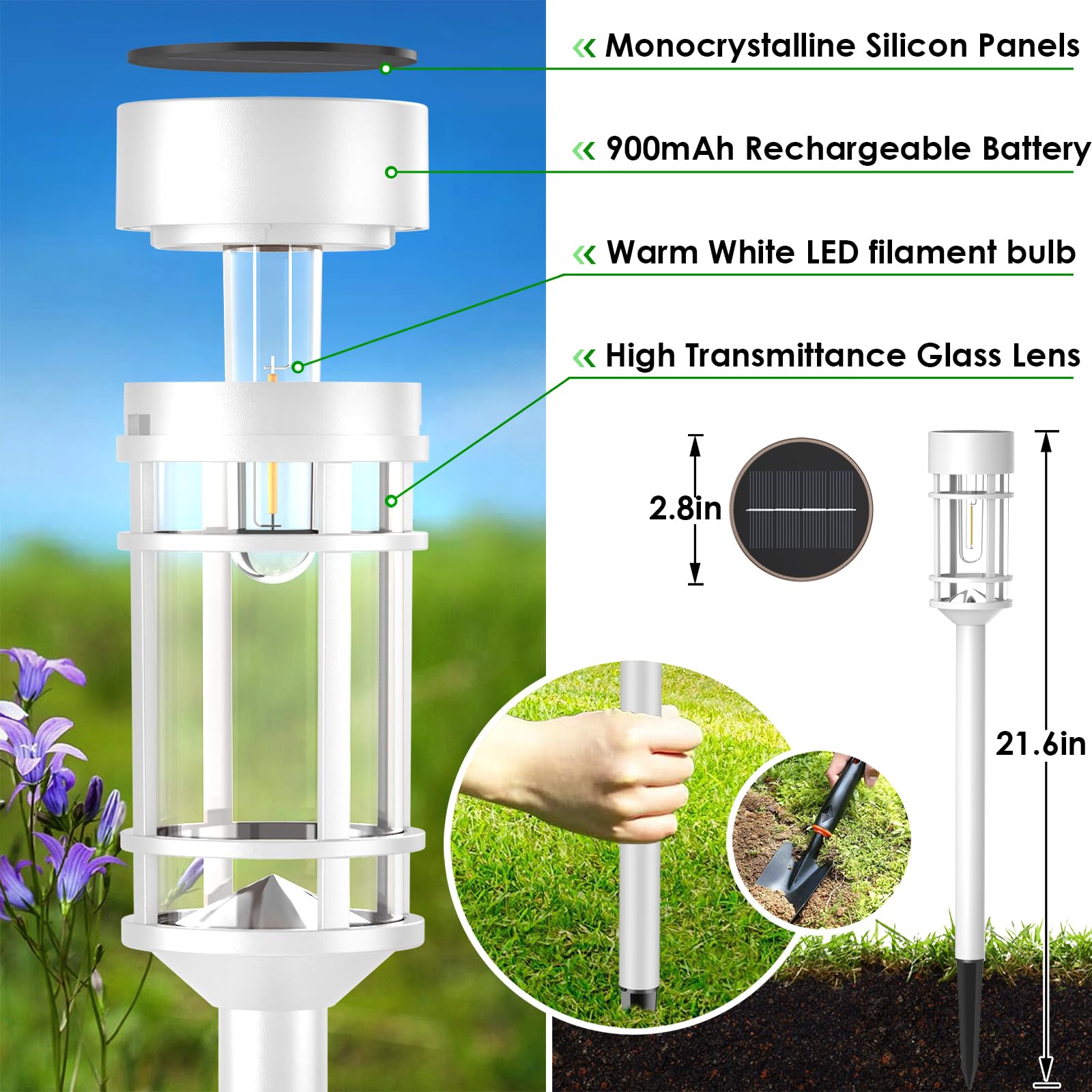 Mancra Solar Pathway Lights, 8 Pack LED Waterproof Garden Lights, Dusk to Dawn, White, Model WHPathLigh
