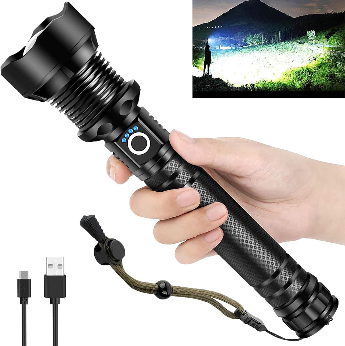Flashlights High Lumens, 990000LM Rechargeable Flashlight Super Bright, Adjustable Focus Tactical Flashlight,5Modes Powerful LED Flash Light, High Brightness & Longer Usage time (10.6&quot; D x 2.1&quot; W)