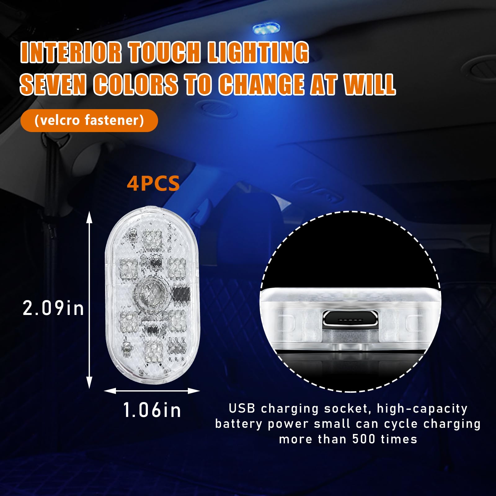 Augeny 4 Pcs Car Led Lights Interior Wireless, 7 Colors Sticky Auto Interior Light With 6 Bright Led Lamp Beads, Portable Usb Re
