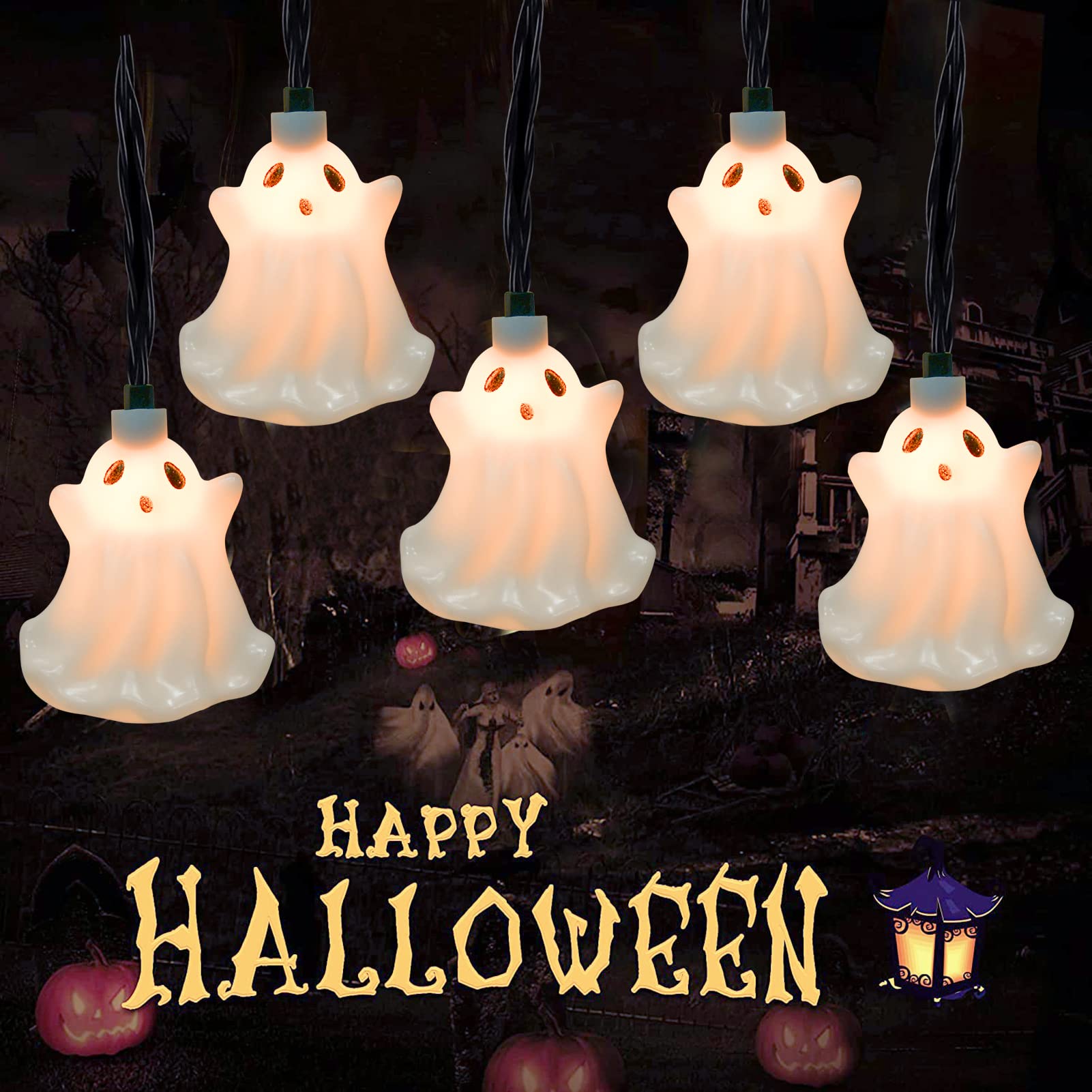 Halloween Ghost String Lights, 8.5Ft Outdoor Halloween String Lights With 10 Led White Ghost Light, Halloween Ghost Lights For Patio, Garden, Halloween Party, Carnival Decoration
