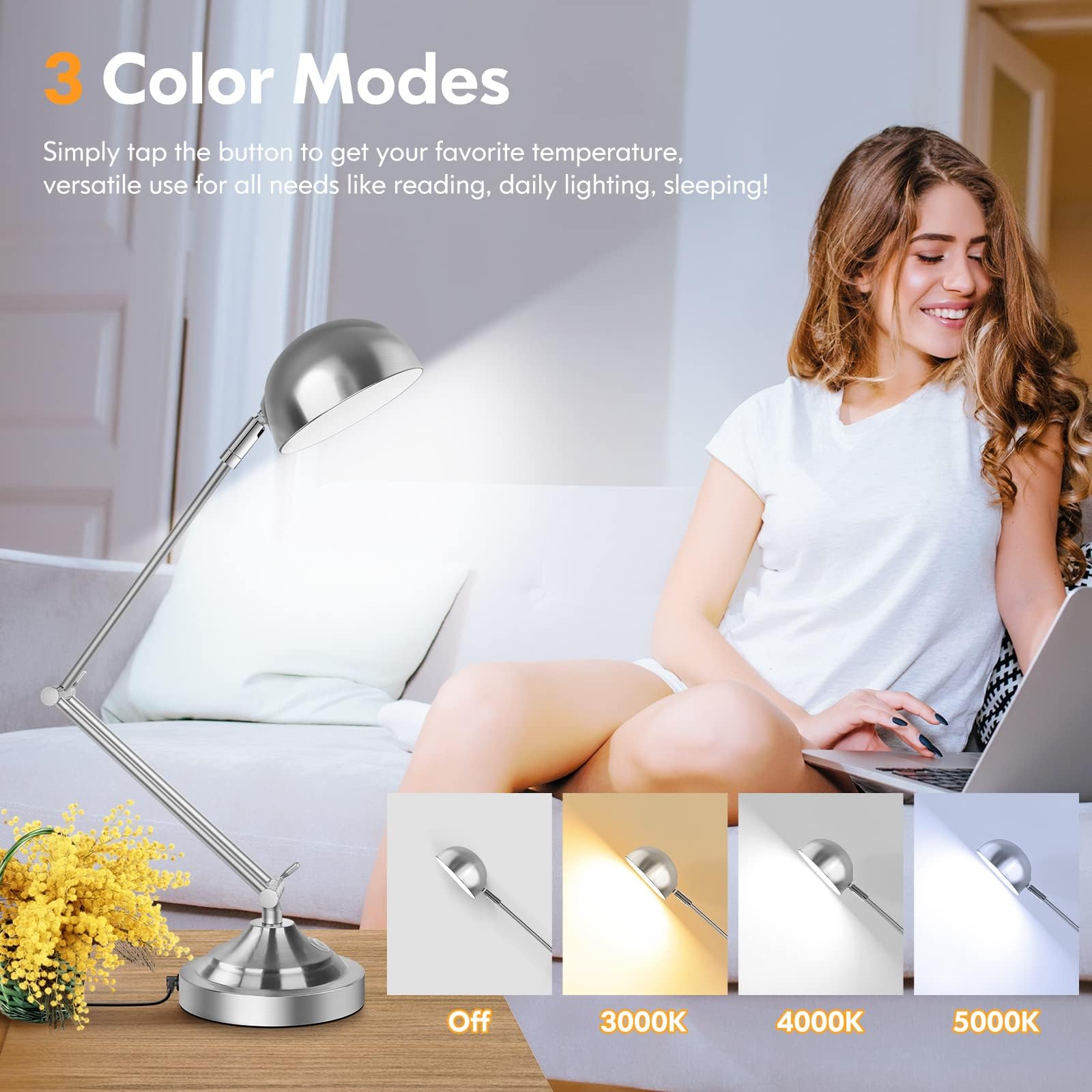 TOBUSA Silver Dimmable Desk Lamp with USB Port, Touch Control, 3 Color Modes, Adjustable Swing Arm, Model T0345-ST