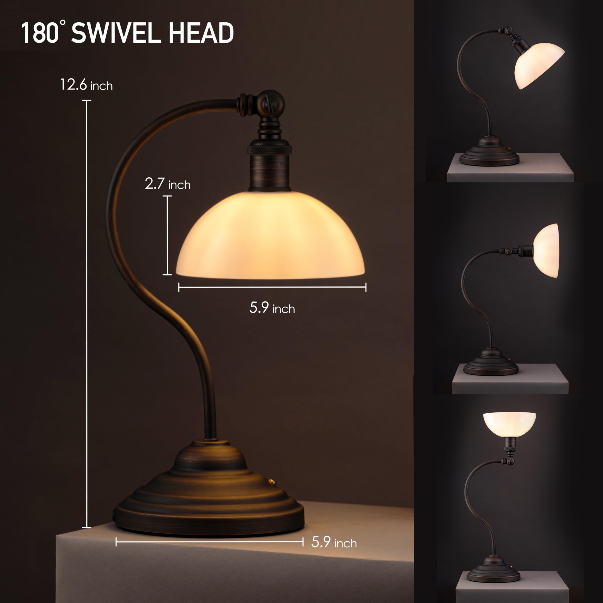 O'Bright Cordless LED Table Lamp - Rechargeable, 3-Level Dimming, USB-C, Oil Rubbed Bronze & White Glass, Model OB-TL23B