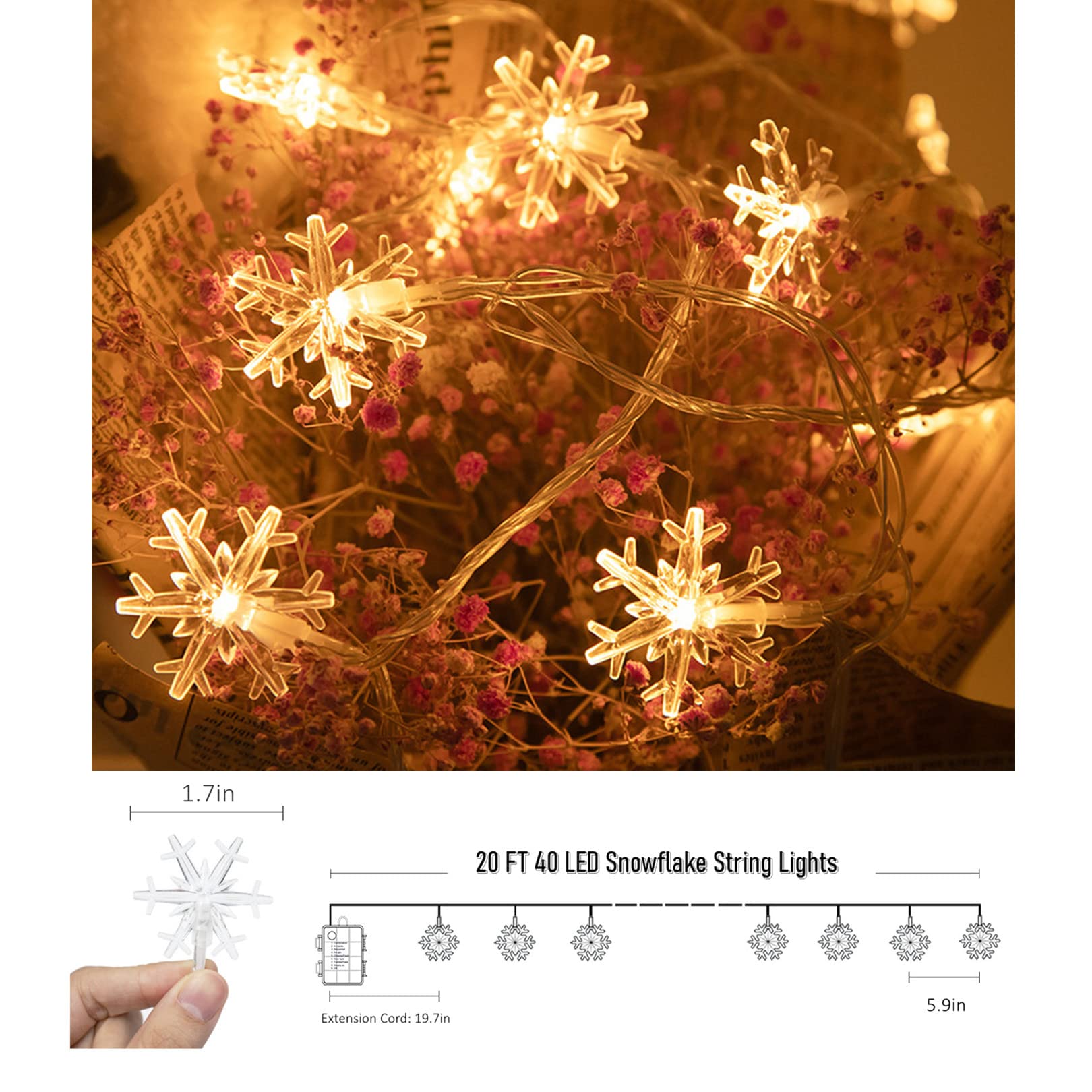 Christmas Snowflake Lights, 20 Ft 40 Led Battery Operated String Lights With Remote, 8 Modes Timer Waterproof Hanging Decor Bedroom Room Party Wall Indoor Outdoor Xmas Tree Decorations Warm White
