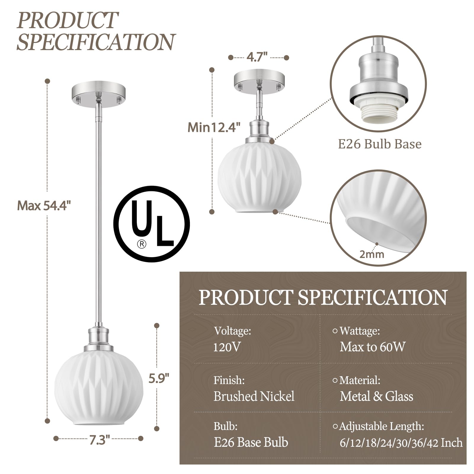 Karjearl 1-Light Glass Pendant Light, 7.1in Brushed Nickel, Globe Hanging Fixture for Kitchen, Dining Room, Model LTMM01