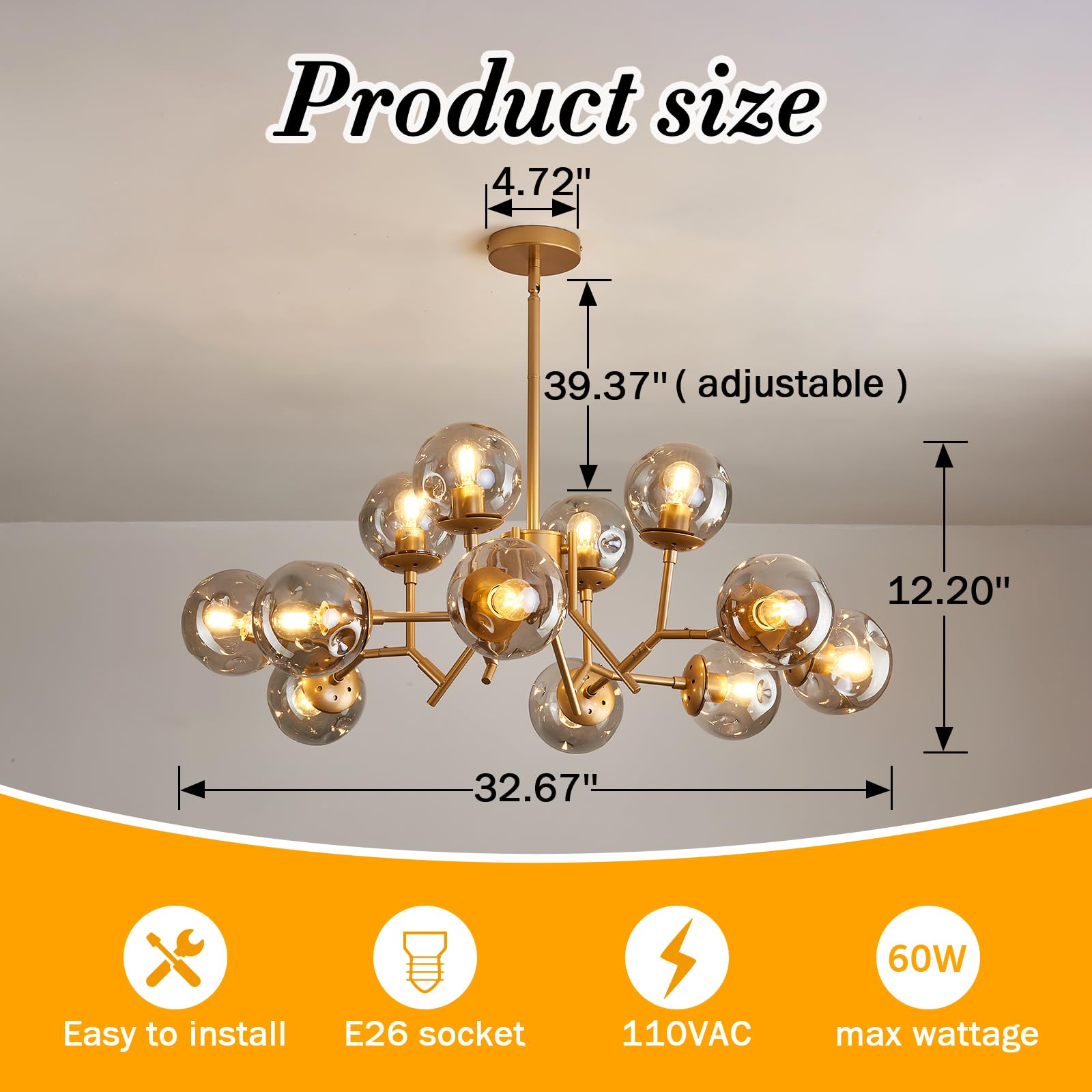 UOFUS 12-Light Glass Globe Sputnik Chandelier, Mid-Century Modern, Matte Gold, D-2155, Vintage Pendant Light for Living Room & Dining Room