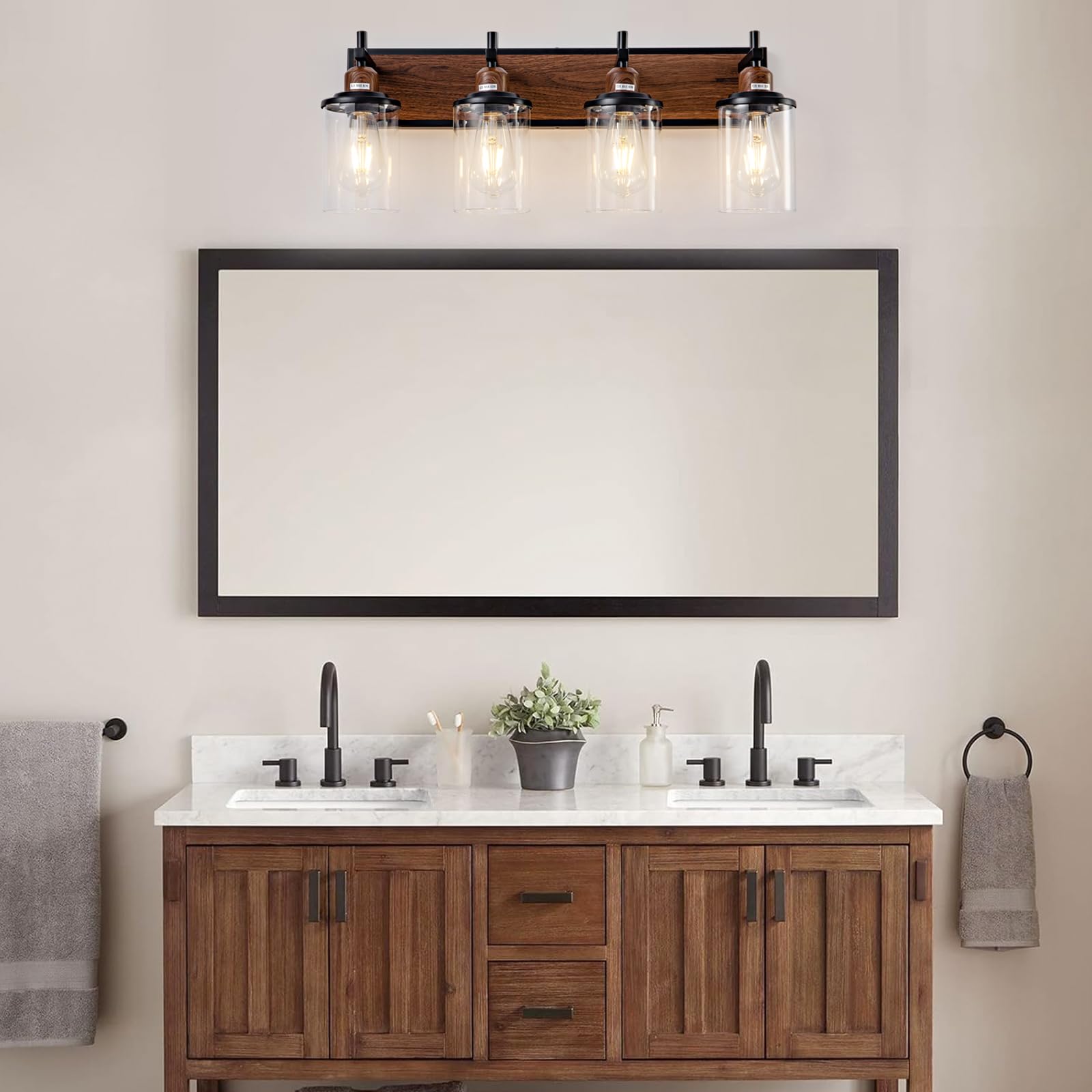 Lanhall 4-Light Farmhouse Bathroom Vanity Light Fixture, Black and Wood-painted Metal, Glass Shades, Model 500-100-1074