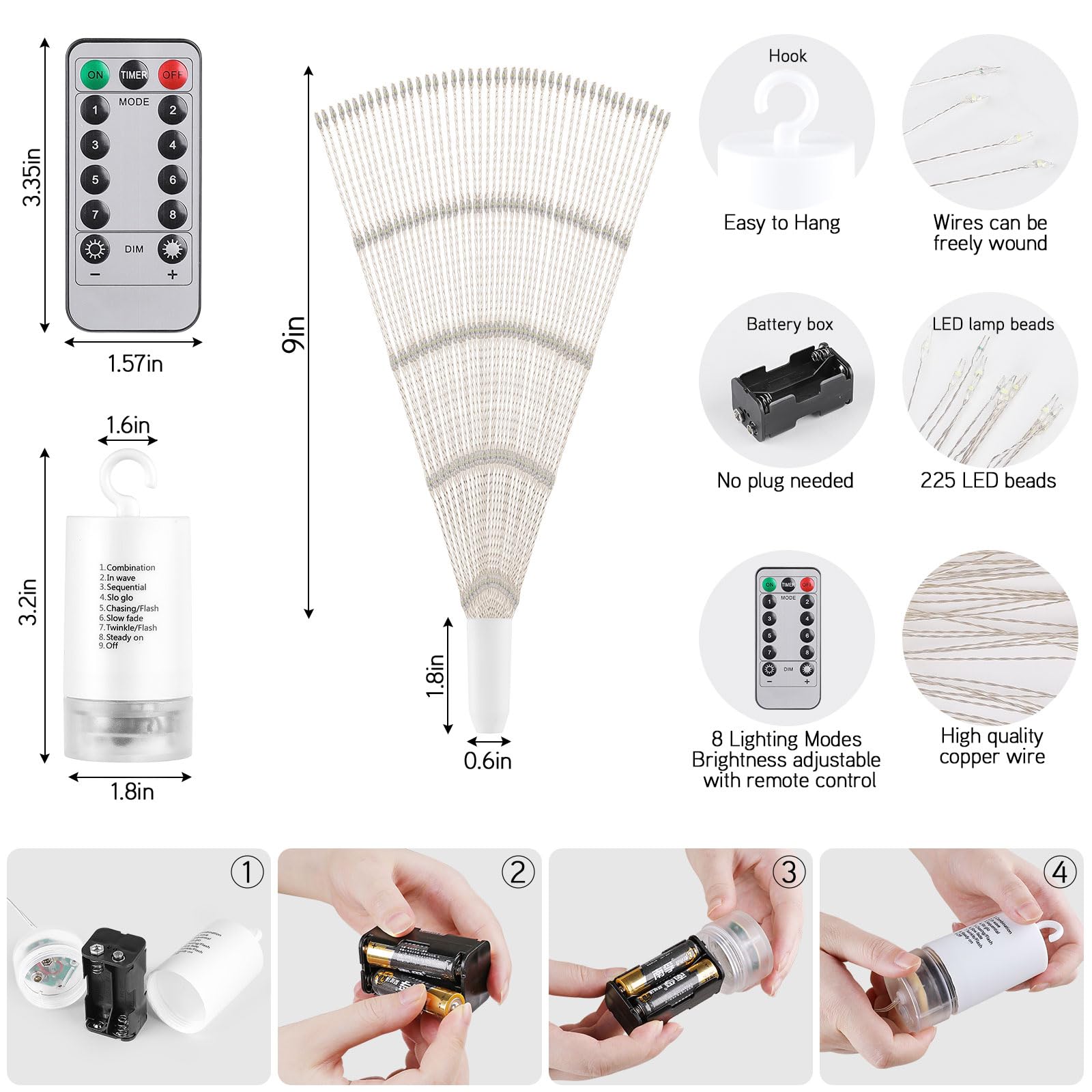 Bursting Star String Lights Christmas Lights, 225 Led 8 Modes Dimmable With Remote Control, Waterproof Copper Wire Decorative Ha