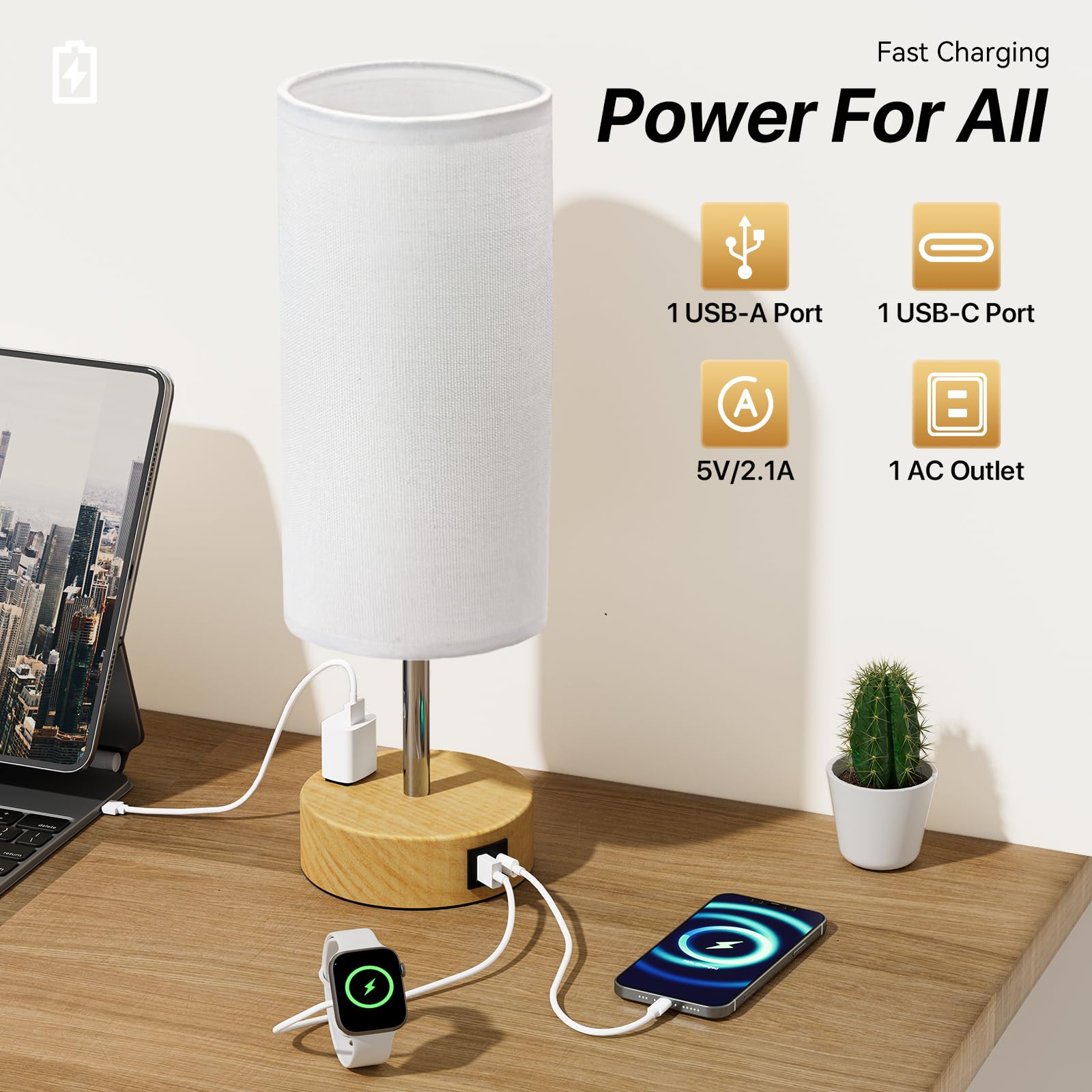 KPQ Touch Control Table Lamp, 3-Way Dimmable, USB A+C Ports, 14in Small Size, White Shade-Wood Base
