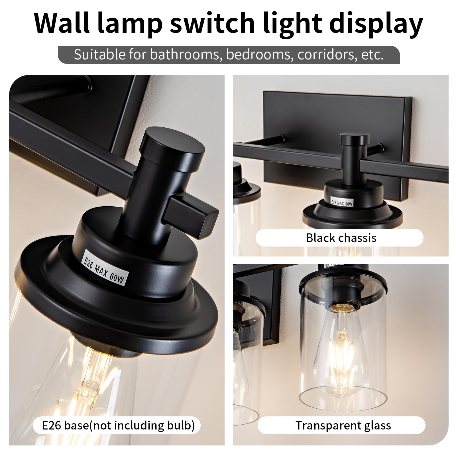 Aixialin 4 Lights Bathroom Light Fixtures, Bathroom Vanity Lights With Clear Glass Shades, Matte Black Bathroom Light Fixtures O