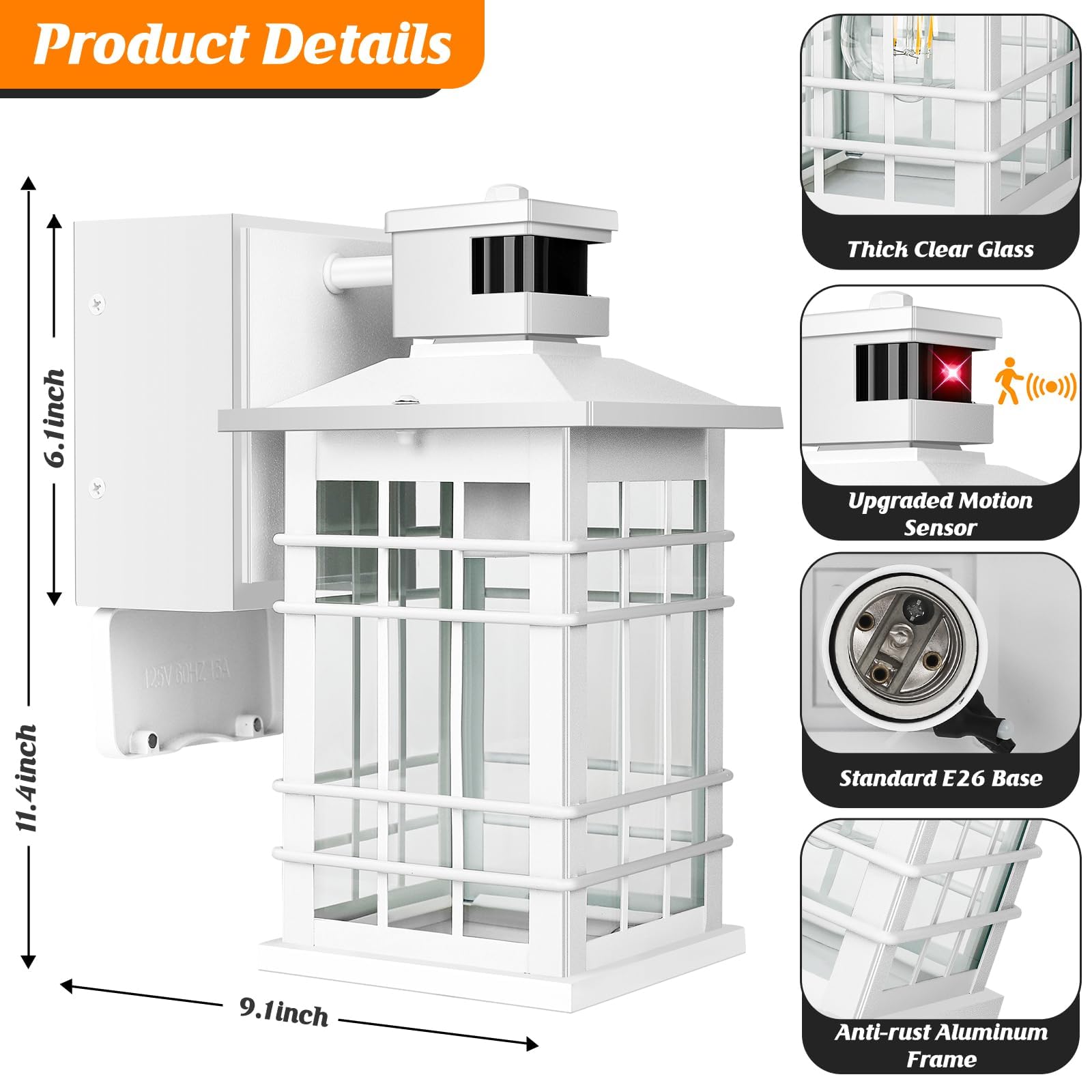 Porch Light With Gfci Outlets  White Motion Sensor Dusk To Dawn Outdoor Wall Light Fixture  2-Pack Waterproof Outside Wall Lantern Sconce 3 Lighting Modes  Exterior Wall Light For Front Door House