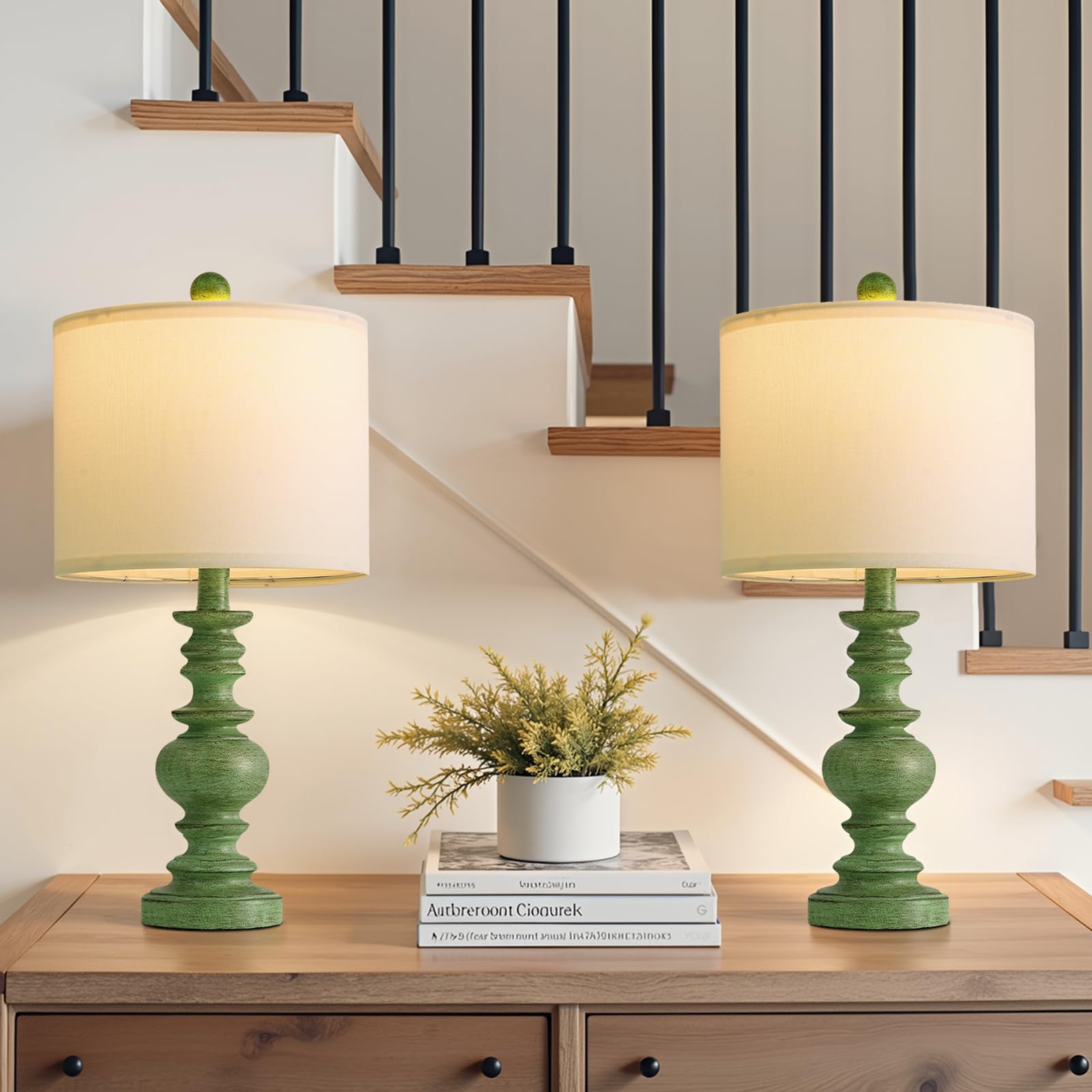 BOBOMOMO 20 Sage Green Table Lamps Set of 2 - Farmhouse Resin Bedside Lamps with Linen Shades  Handcrafted Traditional Rustic Lamp for Bedroom  Living Room  or Corner - Ideal for Small Spaces