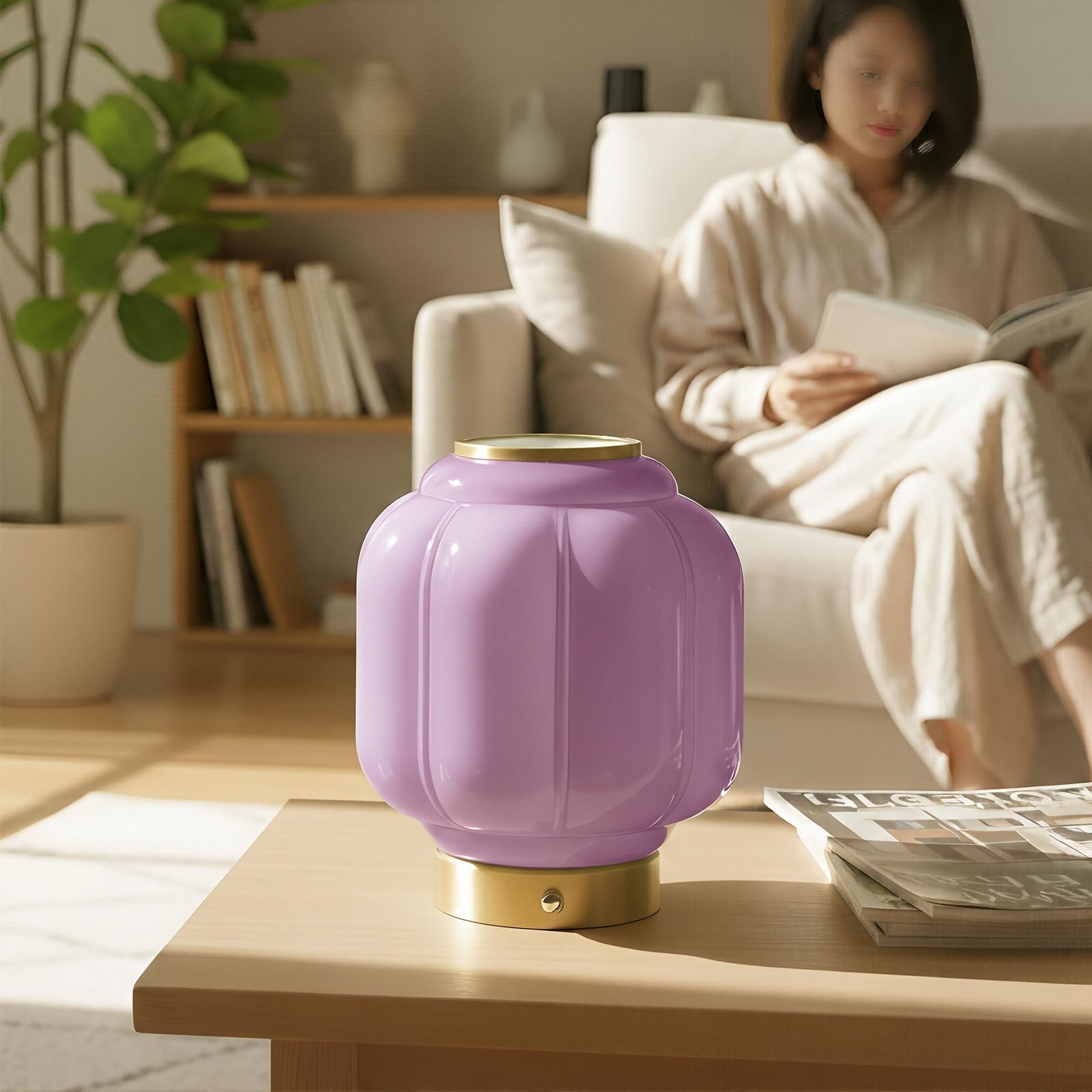 MUSEDS Mushroom Lamp, Cordless Rechargeable Table Lamp with Brass Base & Purple Glass Shade, 4W Dimmable Bedside Table Lamp, Sma