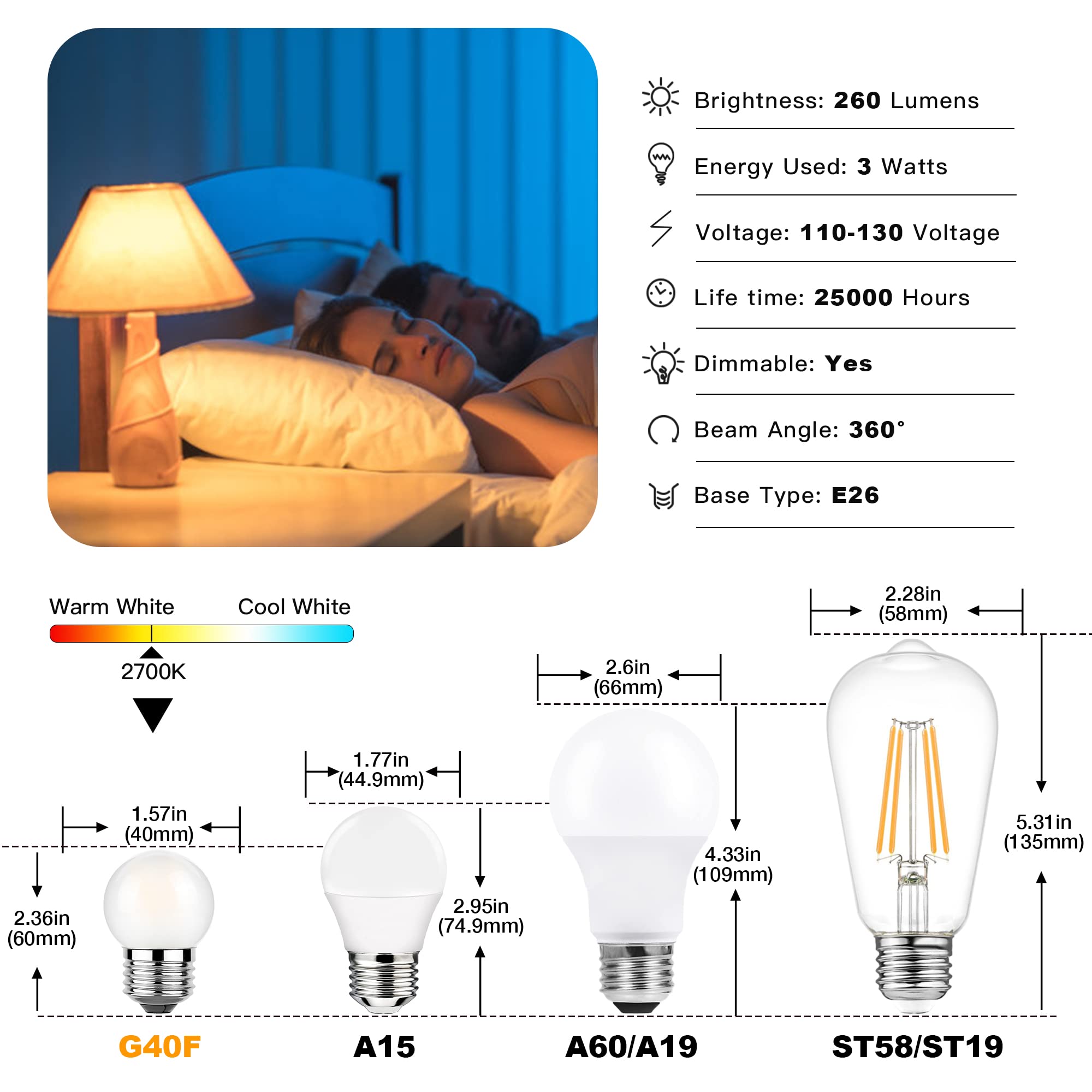 Sphoon Dimmable LED Bulb G40 3W 25W Equivalent E26 Frosted Warm White 2700K Pack of 6