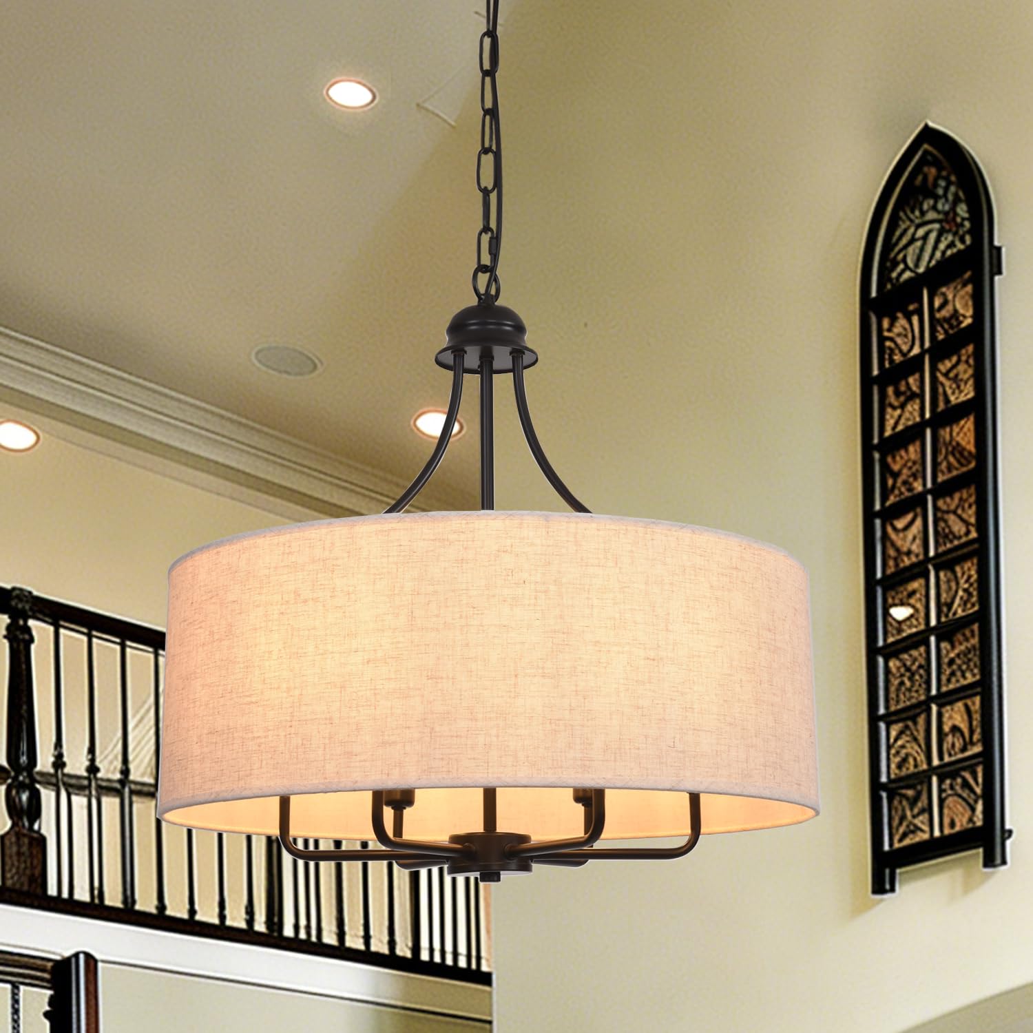 Guang Shuo 21.7 Large Drum Chandelier Light Fixture 6-Lights Farmhoue Black High Ceiling Chandelier Modern Dining Room Light Fix